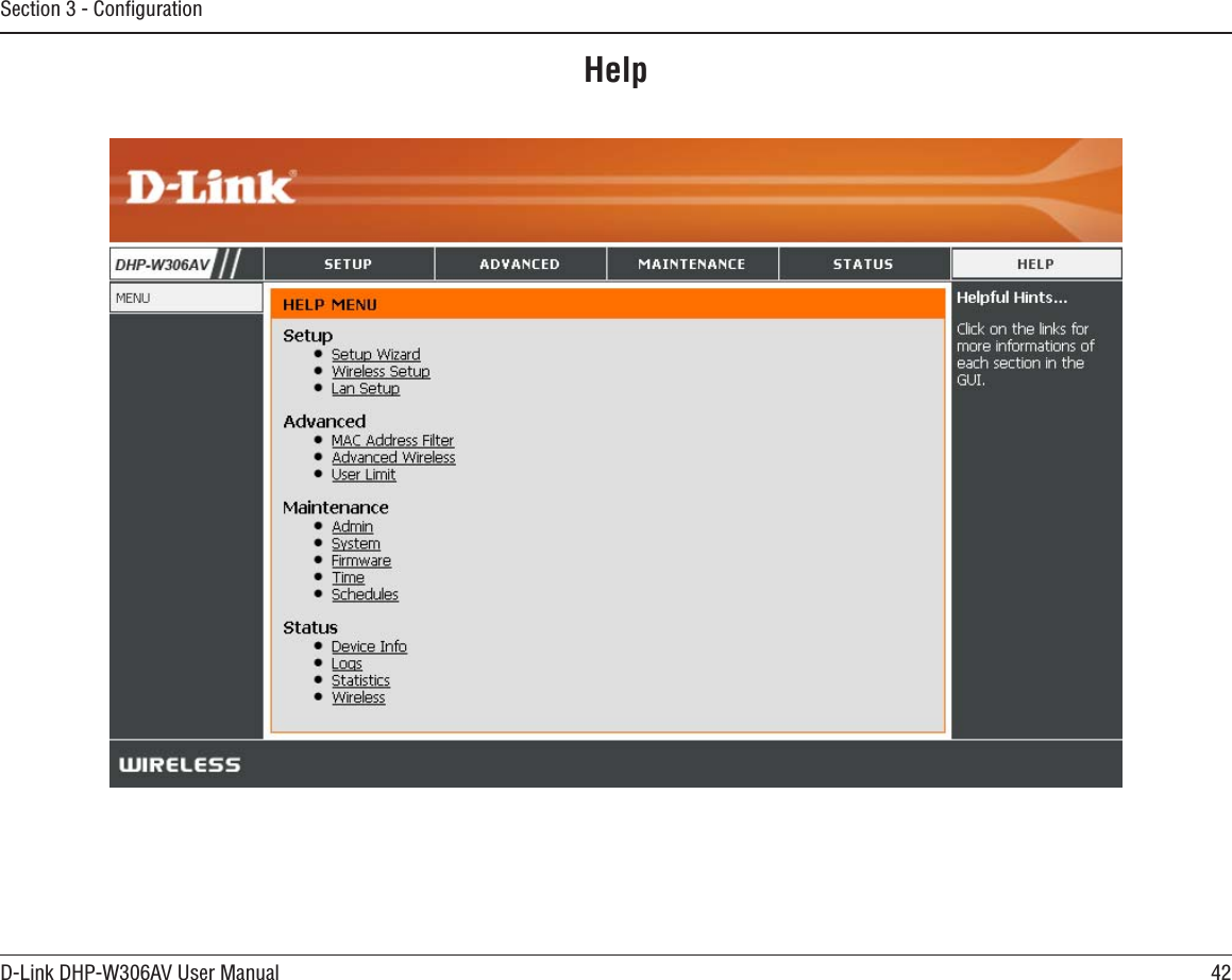 42D-Link DHP-W306AV User ManualSection 3 - ConﬁgurationHelp