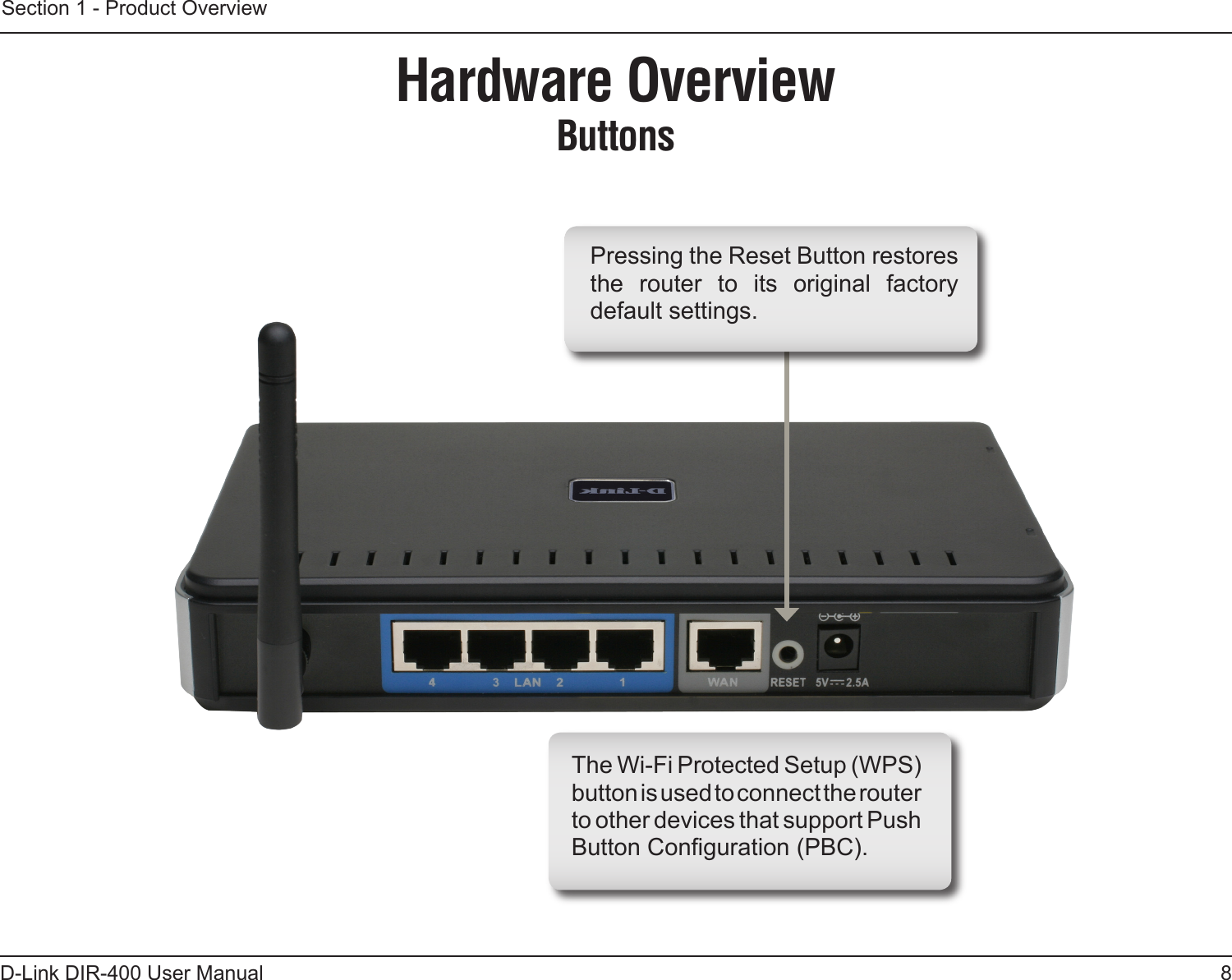 8D-Link DIR-400 User ManualSection 1 - Product OverviewHardware OverviewButtonsThe Wi-Fi Protected Setup (WPS) button is used to connect the router to other devices that support Push Button Conguration (PBC).Pressing the Reset Button restores the  router  to  its  original  factory default settings.