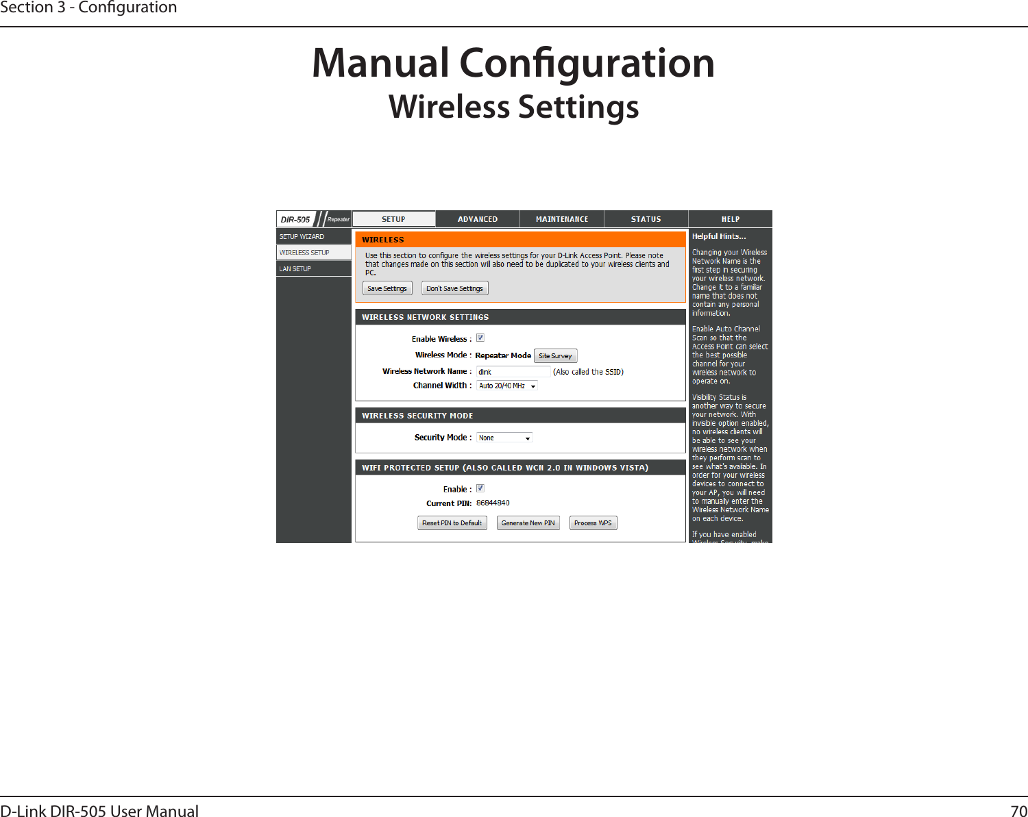 70D-Link DIR-505 User ManualSection 3 - CongurationManual CongurationWireless Settings