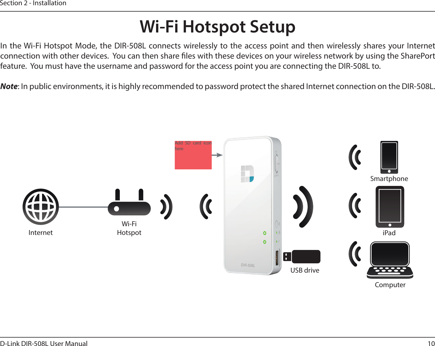 10D-Link DIR-508L User ManualSection 2 - InstallationWi-Fi Hotspot SetupIn the Wi-Fi Hotspot Mode, the DIR-508L connects wirelessly to the access point and then wirelessly shares your Internet connection with other devices.  You can then share les with these devices on your wireless network by using the SharePort feature.  You must have the username and password for the access point you are connecting the DIR-508L to.Note: In public environments, it is highly recommended to password protect the shared Internet connection on the DIR-508L.ComputeriPadSmartphoneInternetWi-Fi HotspotUSB driveAdd SD card icon here
