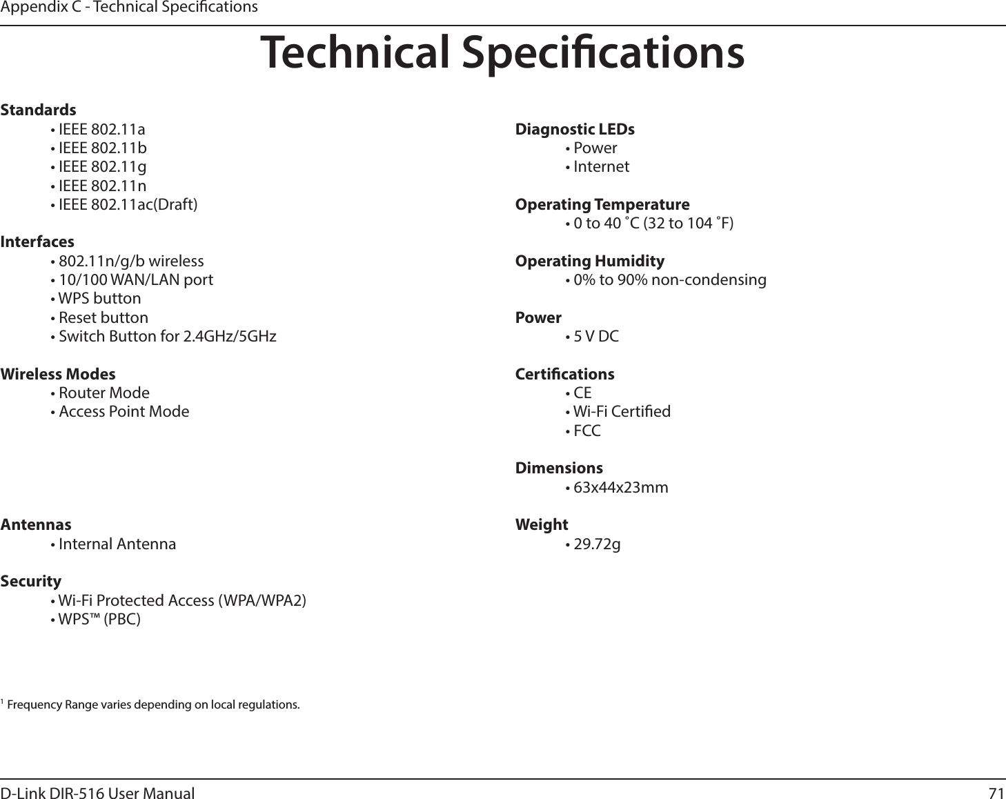 71D-Link DIR-516 User ManualAppendix C - Technical SpecicationsTechnical SpecicationsStandards  • IEEE 802.11a  • IEEE 802.11b  • IEEE 802.11g  • IEEE 802.11n  • IEEE 802.11ac(Draft)Interfaces  • 802.11n/g/b wireless  • 10/100 WAN/LAN port • WPS button  • Reset button  • Switch Button for 2.4GHz/5GHzWireless Modes  • Router Mode  • Access Point ModeWireless Frequency Range1  • 2.4 GHz to 2.4835 GHz  • 5.15~5.25GHz, 5.725 ~ 5.85GHzAntennas • Internal AntennaSecurity  • Wi-Fi Protected Access (WPA/WPA2) • WPS™ (PBC) Diagnostic LEDs • Power • InternetOperating Temperature  • 0 to 40 ˚C (32 to 104 ˚F)Operating Humidity  • 0% to 90% non-condensingPower  • 5 V DC Certications • CE • Wi-Fi Certied • FCCDimensions • 63x44x23mmWeight • 29.72g1 Frequency Range varies depending on local regulations.