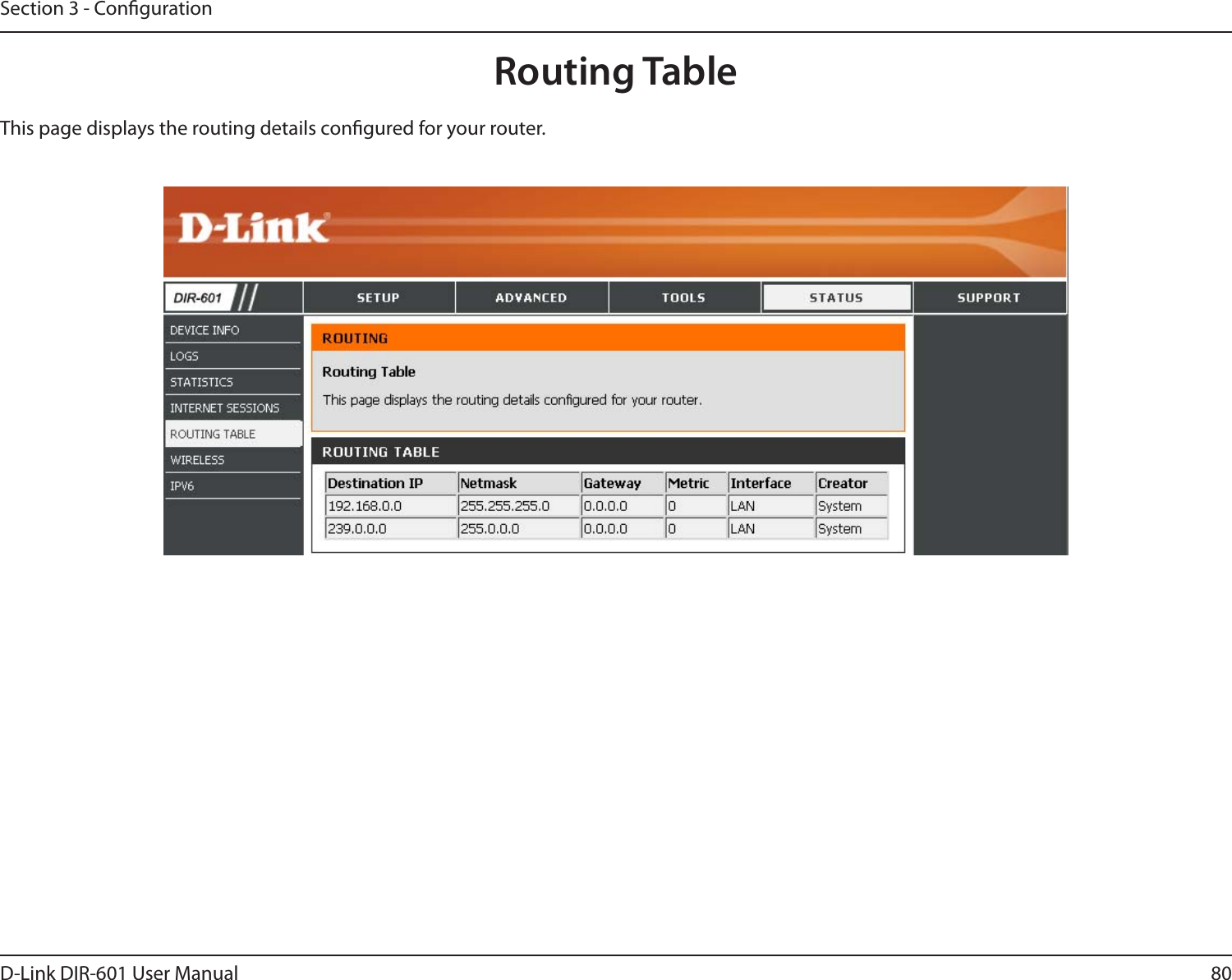 80D-Link DIR-601 User ManualSection 3 - CongurationThis page displays the routing details congured for your router.Routing Table