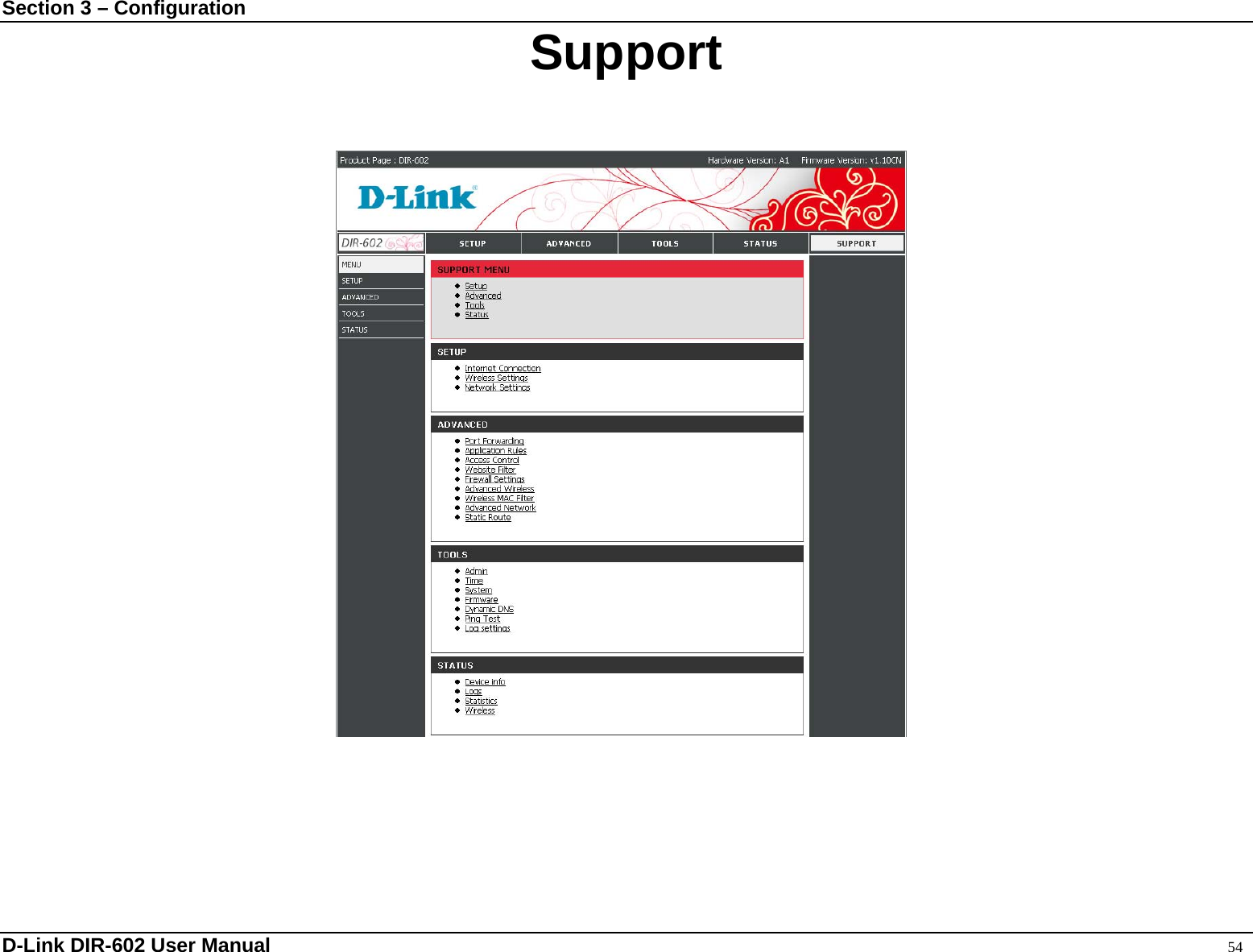 Section 3 – Configuration  Support                      D-Link DIR-602 User Manual                                                                                               54 