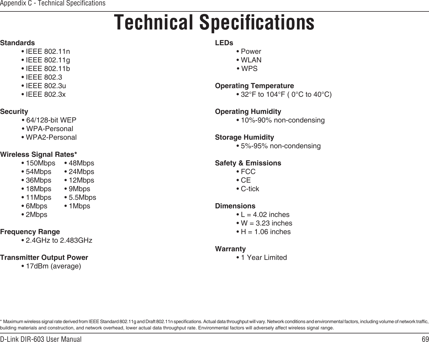 69D-Link DIR-603 User ManualAppendix C - Technical SpecicationsTechnical SpecicationsStandards  • IEEE 802.11n  • IEEE 802.11g  • IEEE 802.11b  • IEEE 802.3  • IEEE 802.3u  • IEEE 802.3xSecurity           • 64/128-bit WEP            • WPA-Personal  • WPA2-PersonalWireless Signal Rates* • 150Mbps   • 48Mbps  • 54Mbps   • 24Mbps  • 36Mbps  • 12Mbps  • 18Mbps   • 9Mbps  • 11Mbps   • 5.5Mbps  • 6Mbps   • 1Mbps  • 2Mbps      Frequency Range  • 2.4GHz to 2.483GHzTransmitter Output Power  • 17dBm (average)LEDs  • Power        • WLAN             • WPS    Operating Temperature  • 32°F to 104°F ( 0°C to 40°C)Operating Humidity  • 10%-90% non-condensingStorage Humidity  • 5%-95% non-condensingSafety &amp; Emissions  • FCC  • CE  • C-tickDimensions  • L = 4.02 inches  • W = 3.23 inches  • H = 1.06 inchesWarranty  • 1 Year Limited*  Maximum wireless signal rate derived from IEEE Standard 802.11g and Draft 802.11n specications. Actual data throughput will vary. Network conditions and environmental factors, including volume of network trafc, building materials and construction, and network overhead, lower actual data throughput rate. Environmental factors will adversely affect wireless signal range.