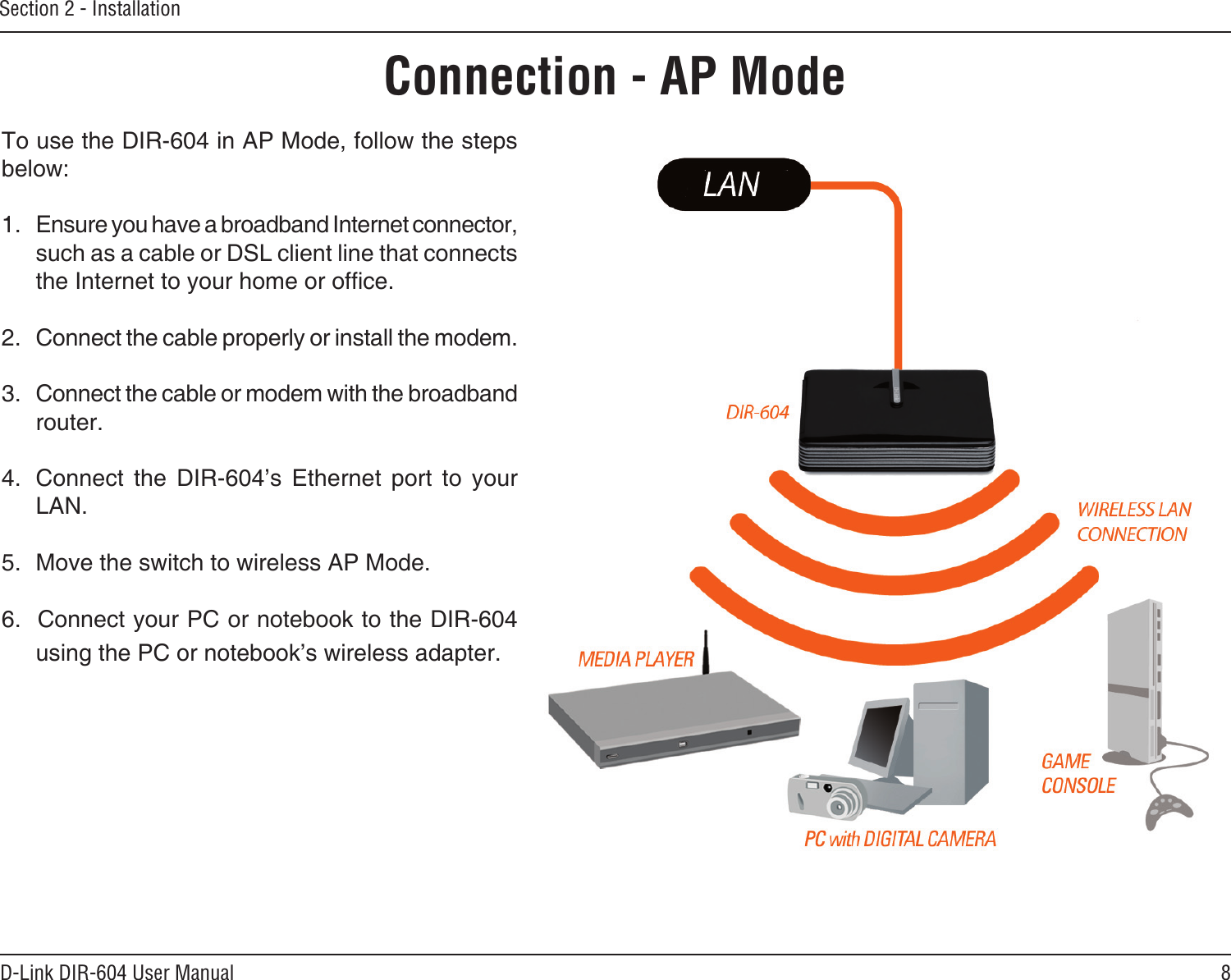 8D-Link DIR-604 User ManualSection 2 - InstallationConnection - AP ModeTo use the DIR-604 in AP Mode, follow the steps below:1.  Ensure you have a broadband Internet connector, such as a cable or DSL client line that connects the Internet to your home or ofce. 2.  Connect the cable properly or install the modem.3.  Connect the cable or modem with the broadband router.  4.  Connect  the  DIR-604’s  Ethernet  port  to  your LAN. 5.  Move the switch to wireless AP Mode. 6.  Connect your PC or notebook to the DIR-604 using the PC or notebook’s wireless adapter. 