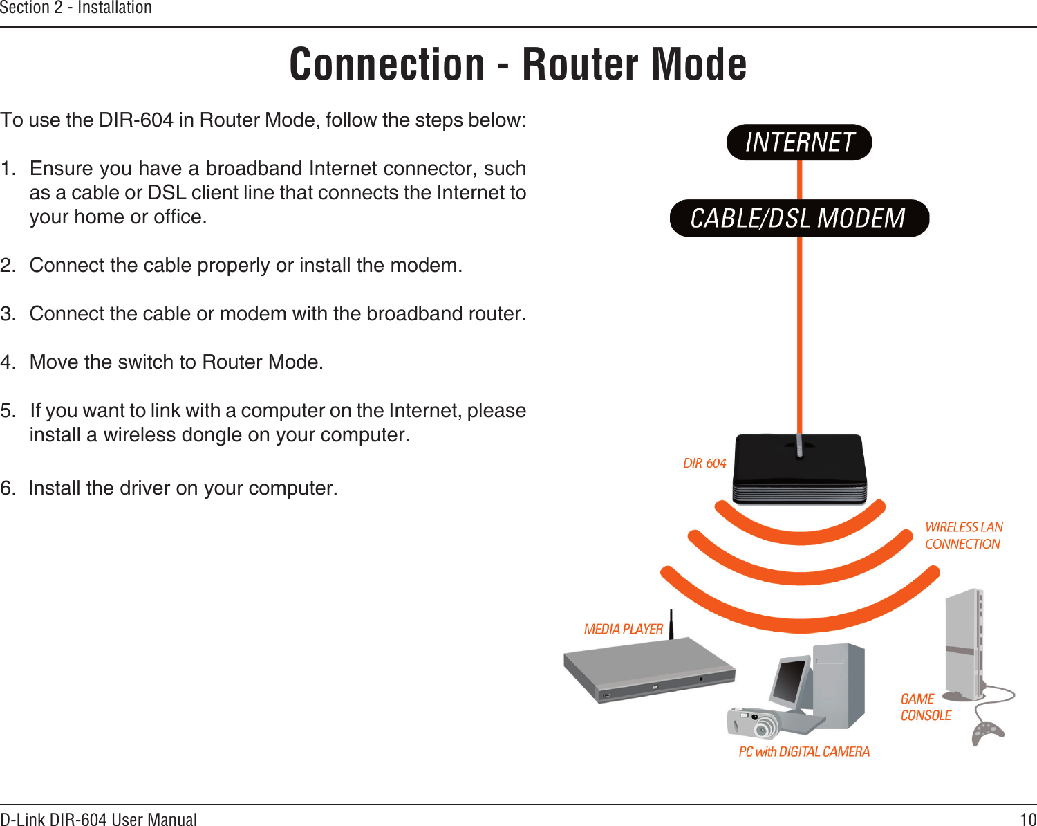 10D-Link DIR-604 User ManualSection 2 - InstallationConnection - Router ModeTo use the DIR-604 in Router Mode, follow the steps below:1.  Ensure you have a broadband Internet connector, such as a cable or DSL client line that connects the Internet to your home or ofce. 2.  Connect the cable properly or install the modem.3.  Connect the cable or modem with the broadband router.  4.  Move the switch to Router Mode. 5.   If you want to link with a computer on the Internet, please install a wireless dongle on your computer. 6.  Install the driver on your computer.