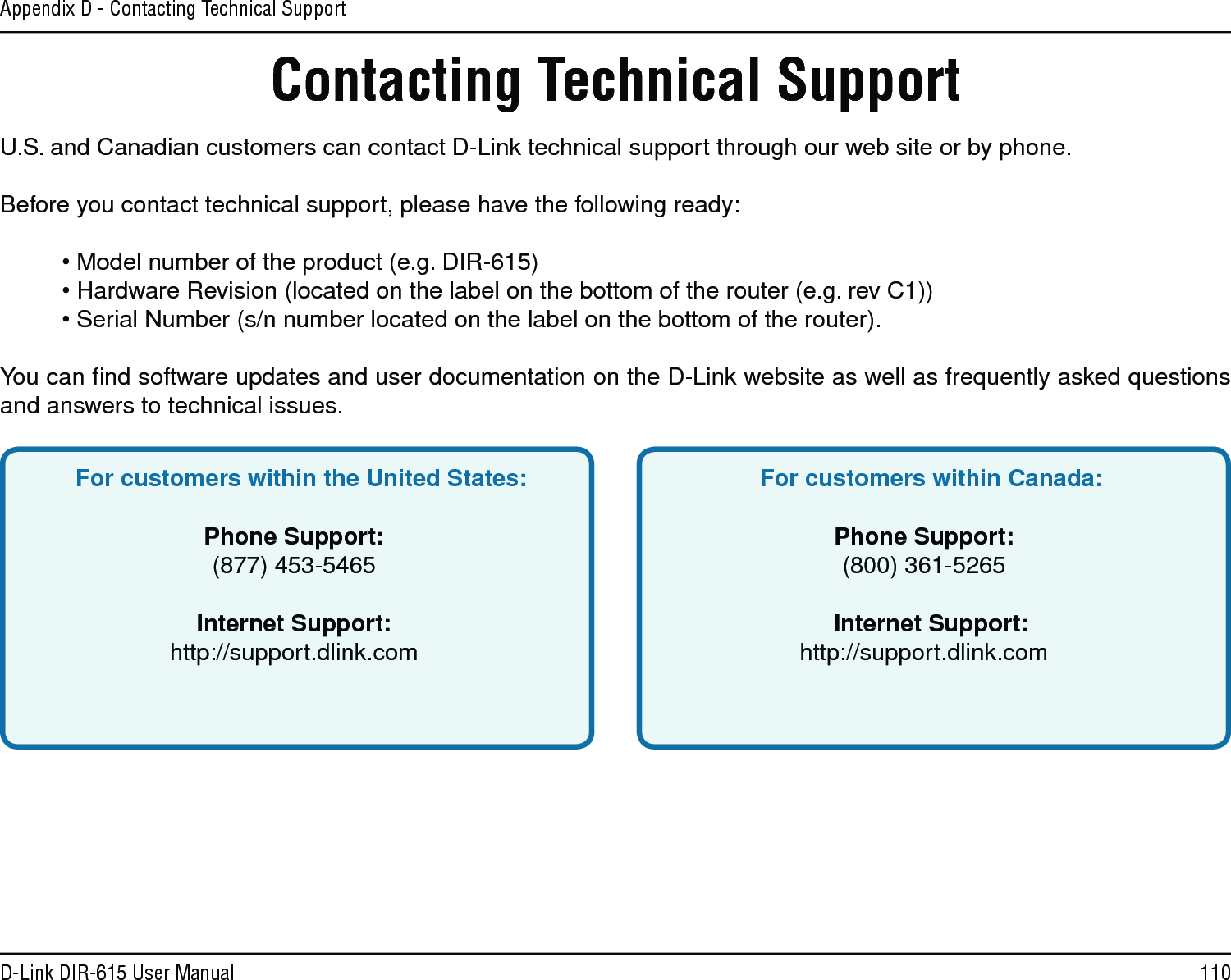 110D-Link DIR-615 User ManualAppendix D - Contacting Technical SupportContacting Technical SupportU.S. and Canadian customers can contact D-Link technical support through our web site or by phone.Before you contact technical support, please have the following ready:  • Model number of the product (e.g. DIR-615)  • Hardware Revision (located on the label on the bottom of the router (e.g. rev C1))  • Serial Number (s/n number located on the label on the bottom of the router). You can ﬁnd software updates and user documentation on the D-Link website as well as frequently asked questions and answers to technical issues.For customers within the United States: Phone Support:(877) 453-5465Internet Support:http://support.dlink.com For customers within Canada: Phone Support:(800) 361-5265 Internet Support:http://support.dlink.com