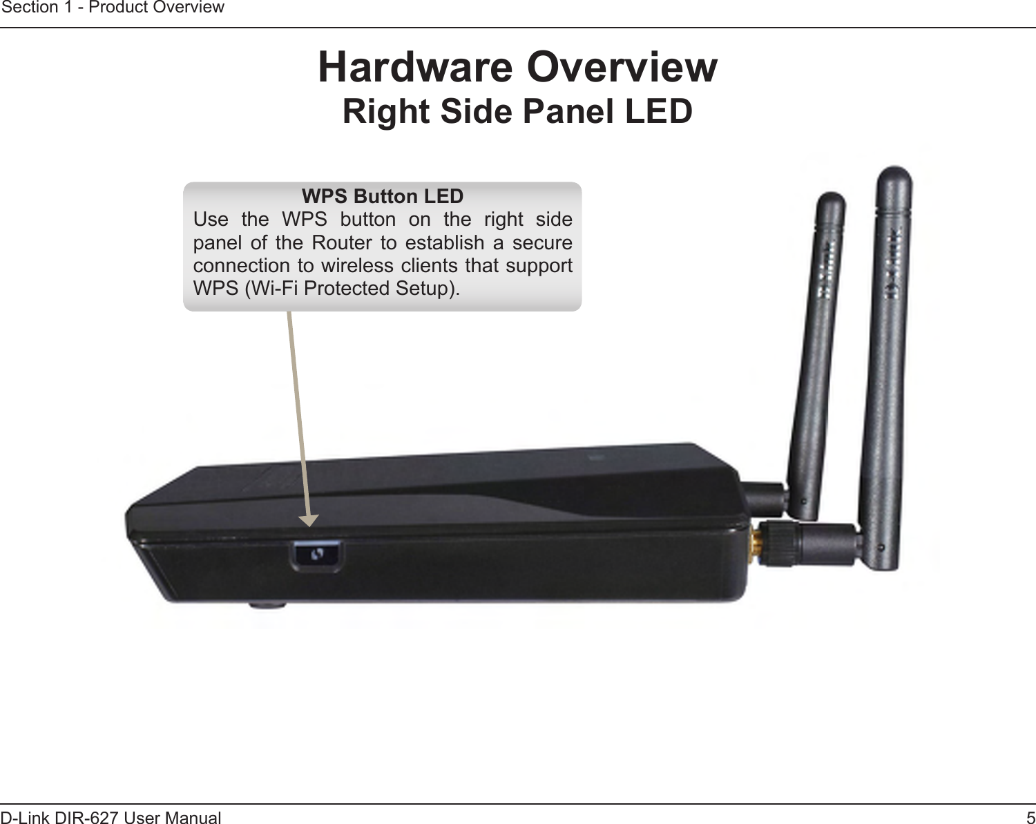 5D-Link DIR-627 User ManualSection 1 - Product OverviewHardwareOverviewRightSidePanelLEDWPSButtonLEDUse  the  WPS  button  on  the  right  side panel  of  the  Router  to  establish  a  secure connection to wireless clients that support WPS (Wi-Fi Protected Setup).
