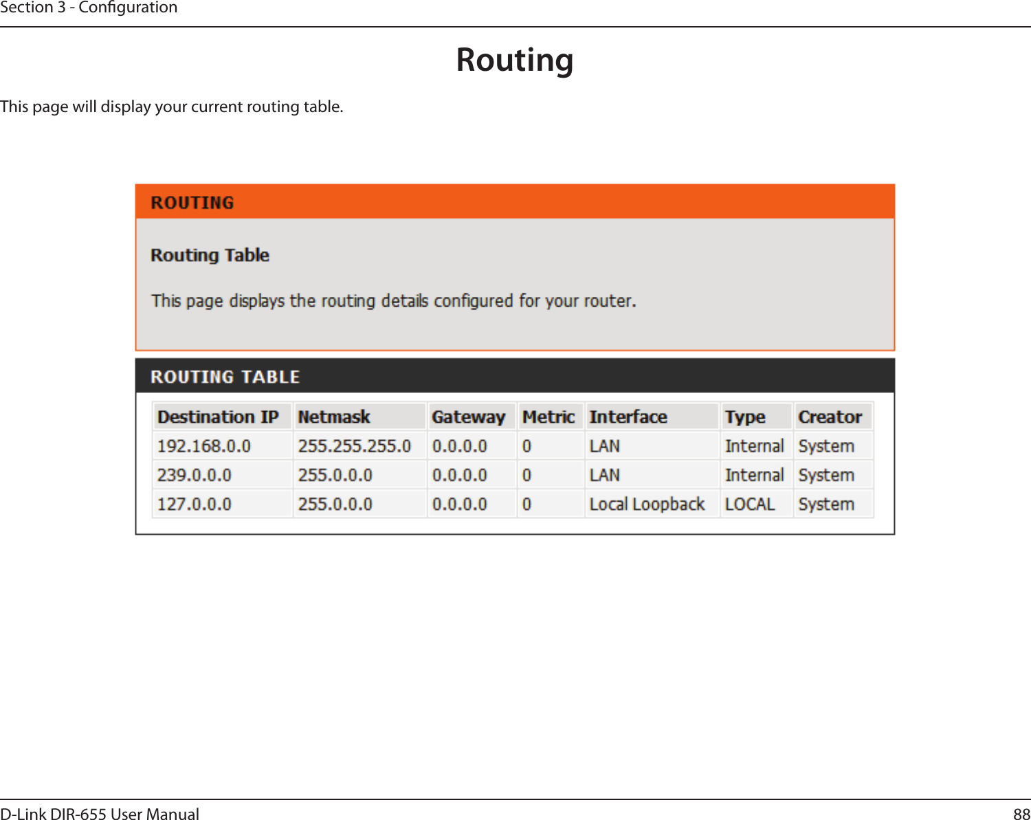 88D-Link DIR-655 User ManualSection 3 - CongurationRoutingThis page will display your current routing table.