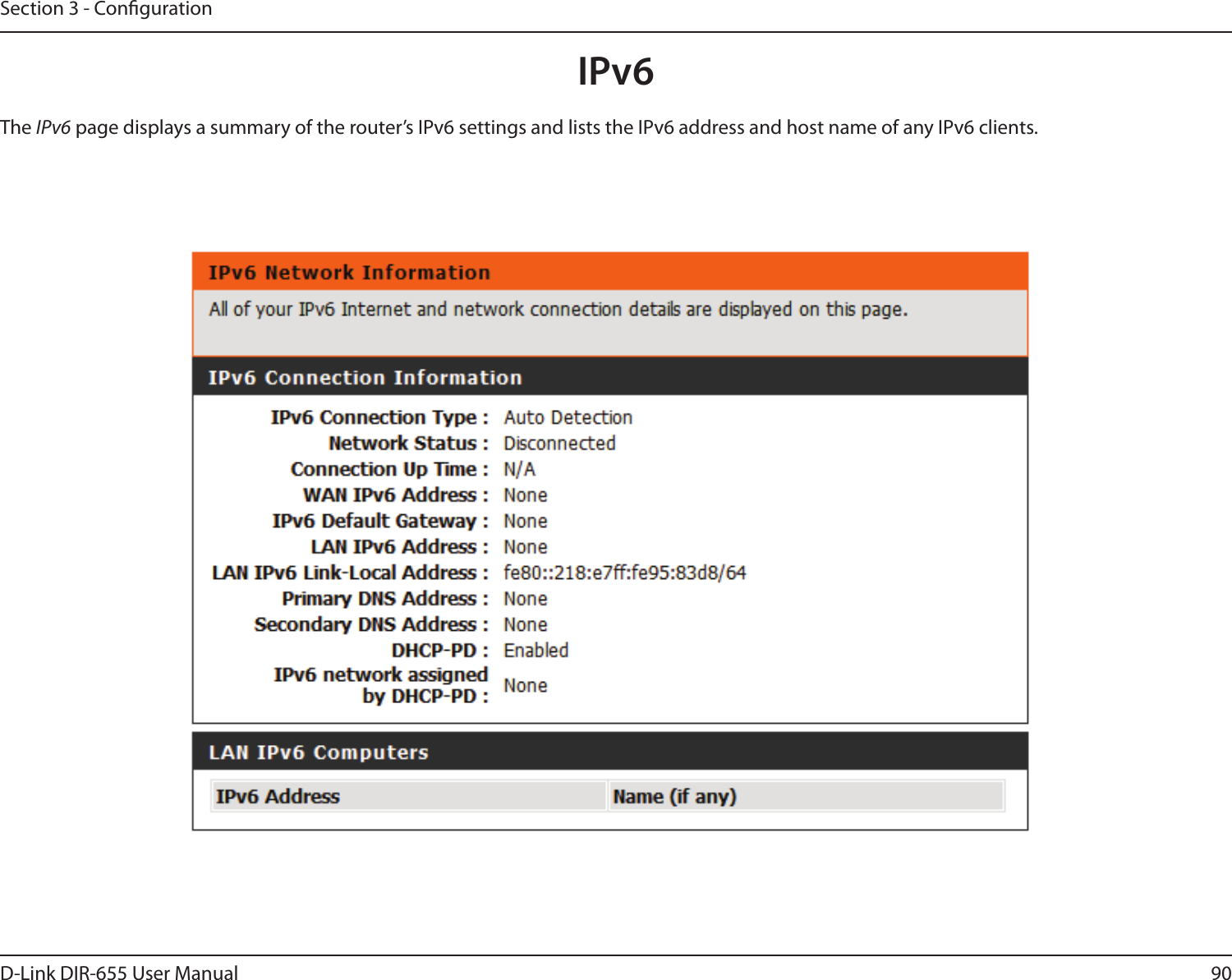 90D-Link DIR-655 User ManualSection 3 - CongurationIPv6The IPv6 page displays a summary of the router’s IPv6 settings and lists the IPv6 address and host name of any IPv6 clients. 
