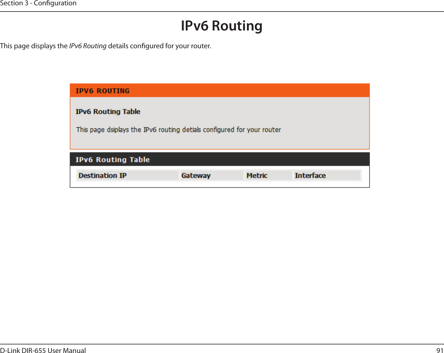 91D-Link DIR-655 User ManualSection 3 - CongurationIPv6 RoutingThis page displays the IPv6 Routing details congured for your router. 