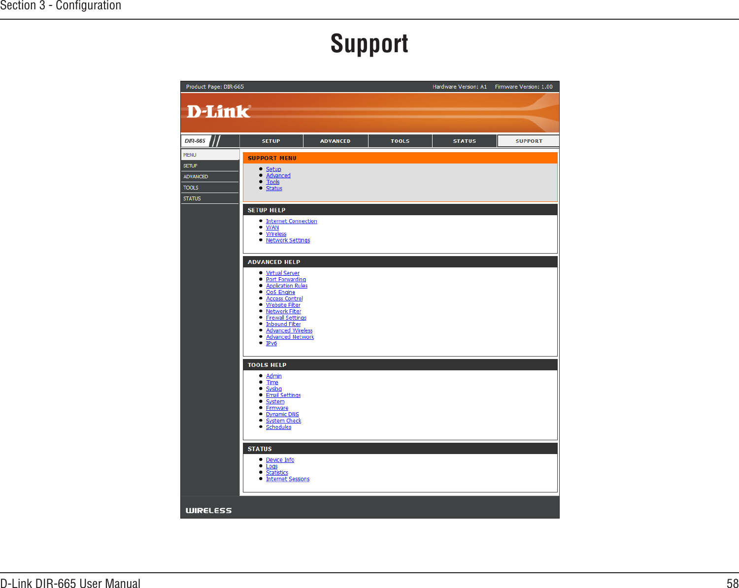 58D-Link DIR-665 User ManualSection 3 - ConﬁgurationSupport