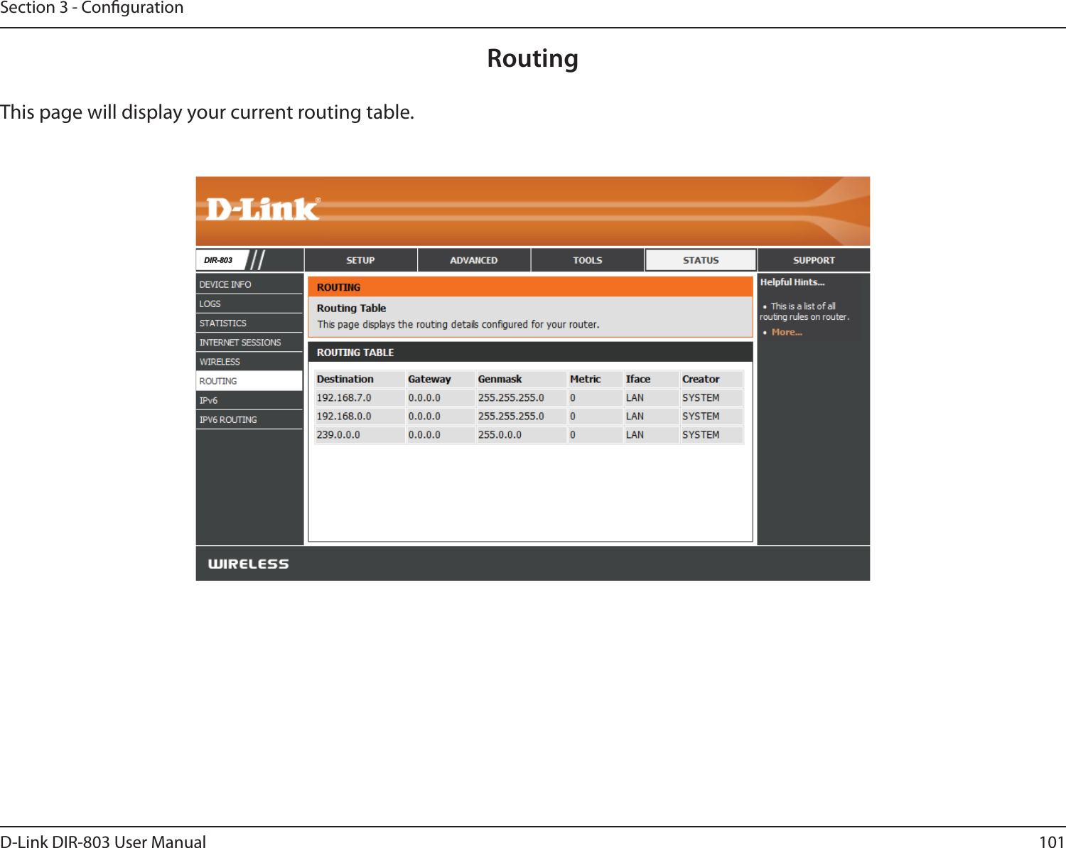 101D-Link DIR-803 User ManualSection 3 - CongurationRoutingThis page will display your current routing table.&apos;,5