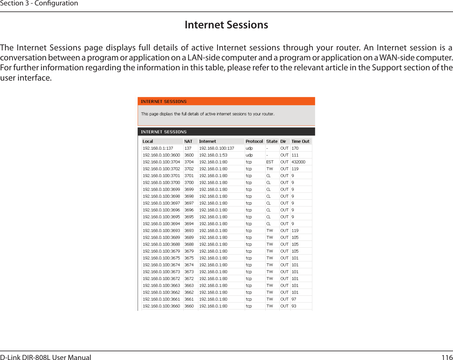 116D-Link DIR-808L User ManualSection 3 - CongurationInternet SessionsThe Internet Sessions page displays full  details of  active Internet sessions through your router. An Internet session is a conversation between a program or application on a LAN-side computer and a program or application on a WAN-side computer. For further information regarding the information in this table, please refer to the relevant article in the Support section of the user interface.  