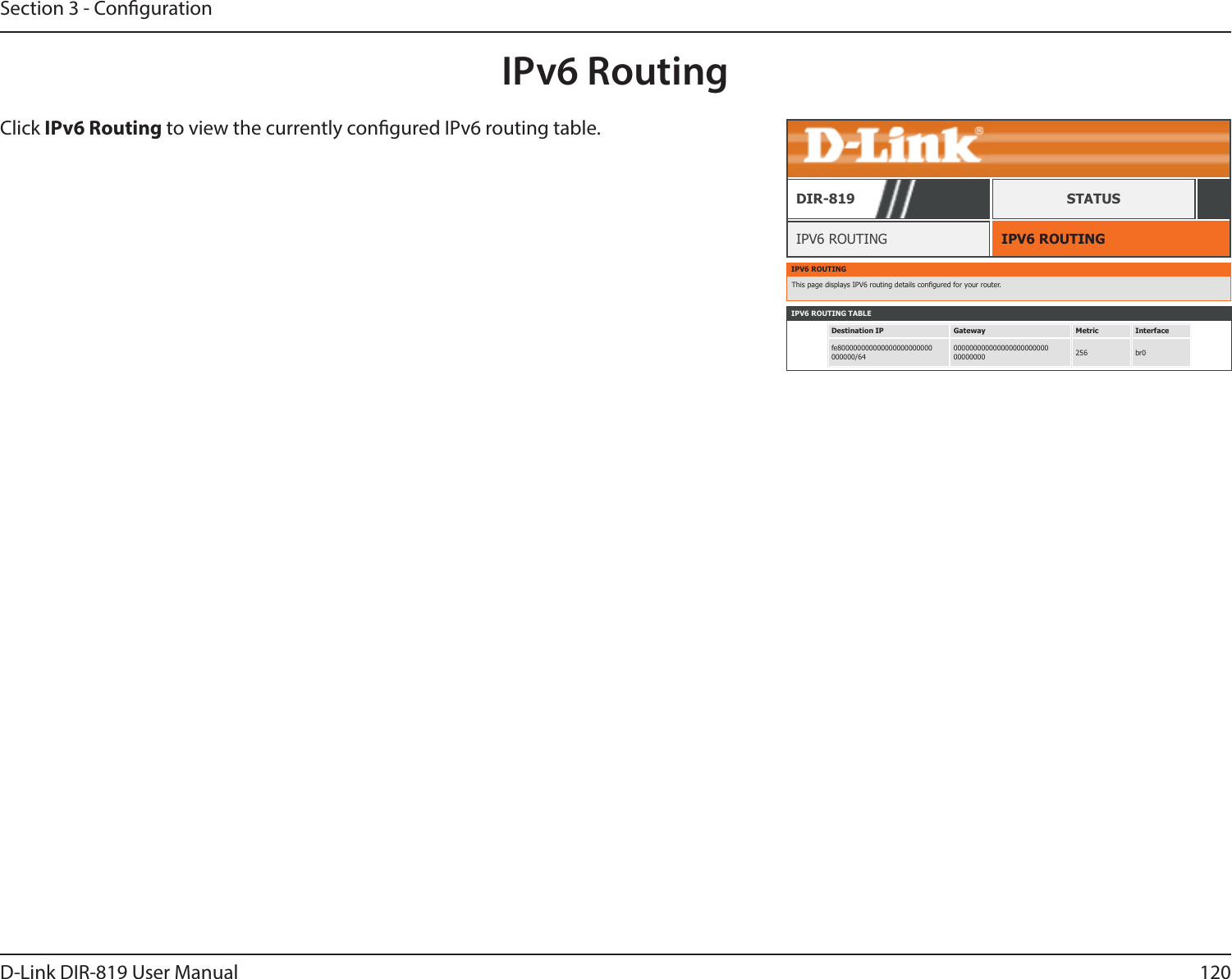 120D-Link DIR-819 User ManualSection 3 - CongurationIPv6 RoutingIPV6 ROUTINGIPV6 ROUTINGDIR-819 STATUSIPV6 ROUTINGThis page displays IPV6 routing details congured for your router.IPV6 ROUTING TABLEDestination IP Gateway Metric Interfacefe800000000000000000000000000000/6400000000000000000000000000000000 256 br0Click IPv6 Routing to view the currently congured IPv6 routing table.