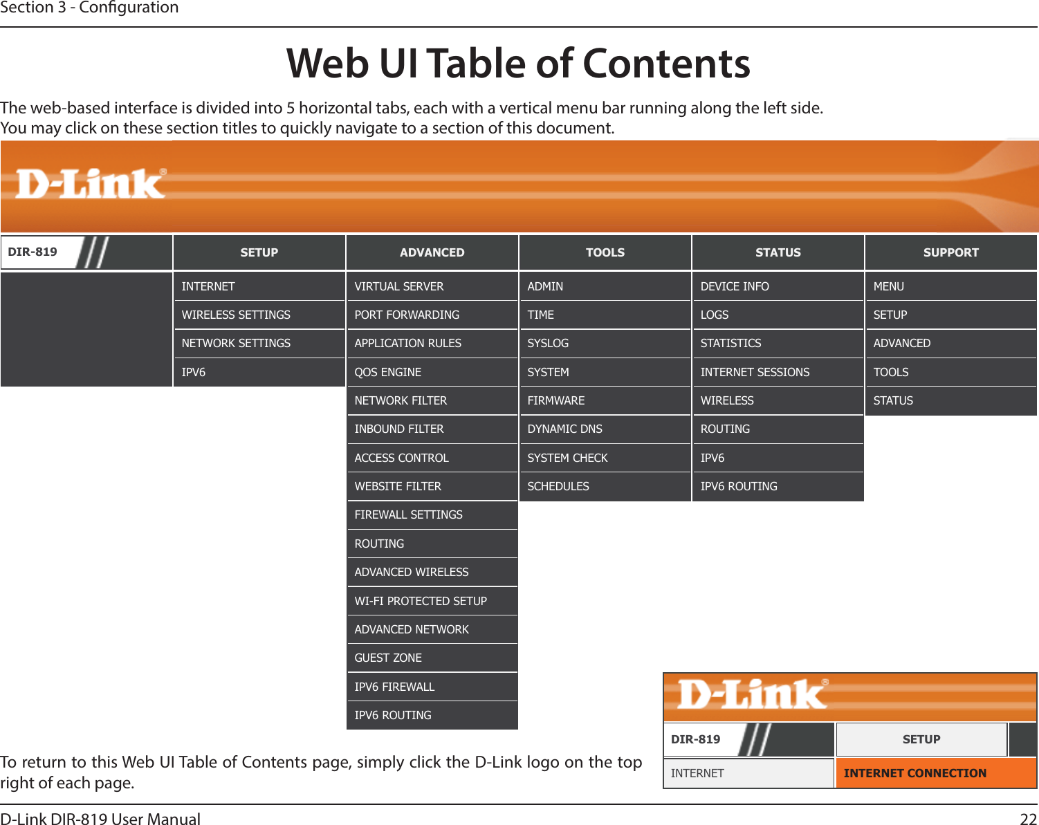 22D-Link DIR-819 User ManualSection 3 - CongurationWeb UI Table of ContentsThe web-based interface is divided into 5 horizontal tabs, each with a vertical menu bar running along the left side. You may click on these section titles to quickly navigate to a section of this document.To return to this Web UI Table of Contents page, simply click the D-Link logo on the top right of each page.DIR-819 SETUP ADVANCED TOOLS STATUS SUPPORTINTERNETWIRELESS SETTINGSNETWORK SETTINGSIPV6ADMINTIMESYSLOGSYSTEMFIRMWAREDYNAMIC DNSSYSTEM CHECKSCHEDULESDEVICE INFOLOGSSTATISTICSINTERNET SESSIONSWIRELESSROUTINGIPV6IPV6 ROUTINGMENUSETUPADVANCEDTOOLSSTATUSVIRTUAL SERVERPORT FORWARDINGAPPLICATION RULESQOS ENGINENETWORK FILTERINBOUND FILTERACCESS CONTROLWEBSITE FILTERFIREWALL SETTINGSROUTINGADVANCED WIRELESSWI-FI PROTECTED SETUPADVANCED NETWORKGUEST ZONEIPV6 FIREWALLIPV6 ROUTINGINTERNET CONNECTIONINTERNETDIR-819 SETUP