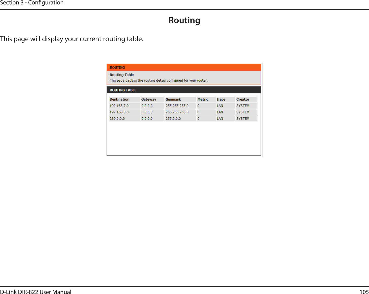 105D-Link DIR-822 User ManualSection 3 - CongurationRoutingThis page will display your current routing table.