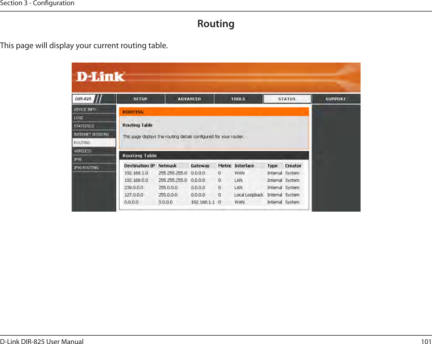 101D-Link DIR-825 User ManualSection 3 - CongurationRoutingThis page will display your current routing table.