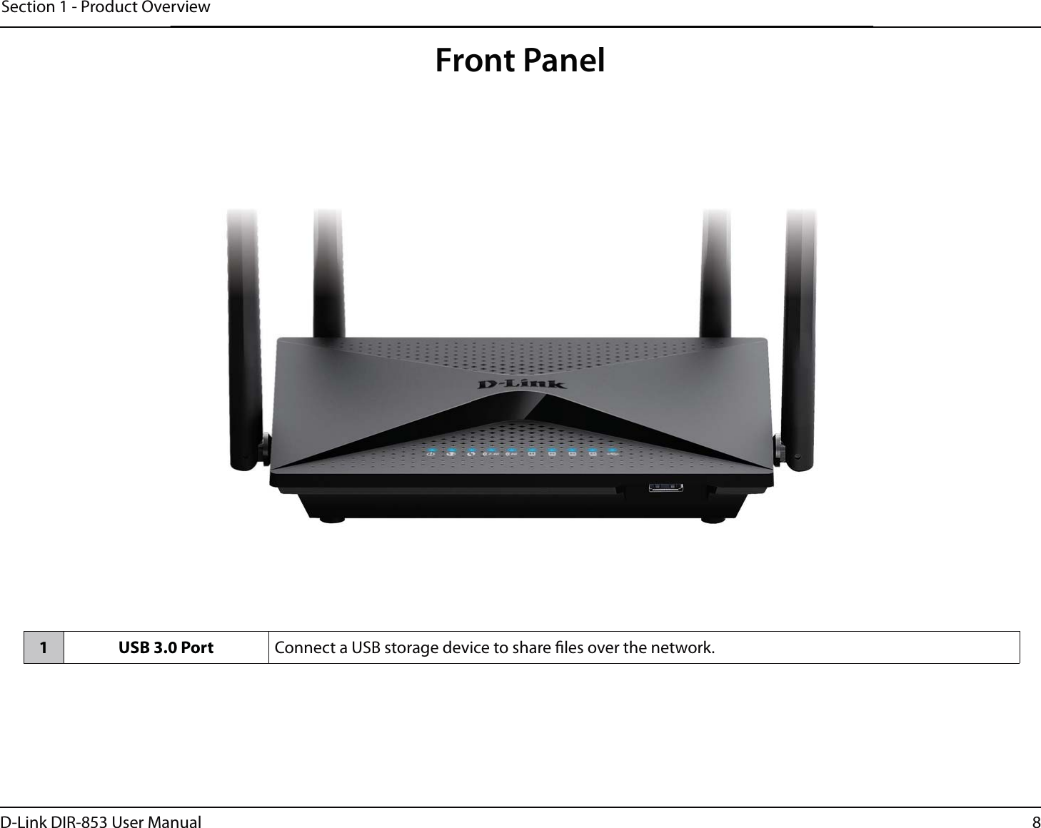 8D-Link DIR-853 User ManualSection 1 - Product OverviewFront Panel1 USB 3.0 Port Connect a USB storage device to share les over the network.rviewFront Panel