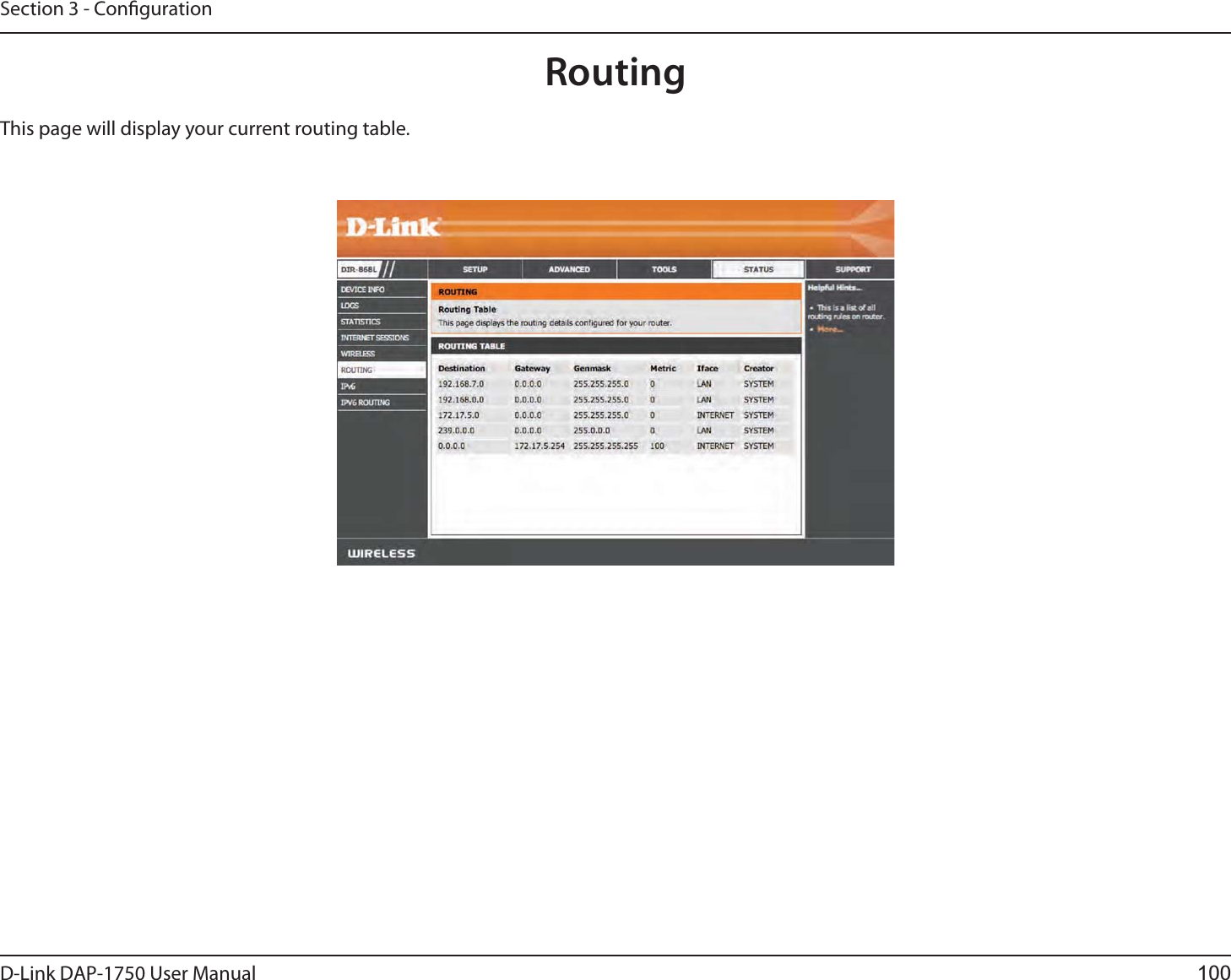 D-Link %&quot;1 User ManualSection 3 - CongurationRoutingThis page will display your current routing table.100
