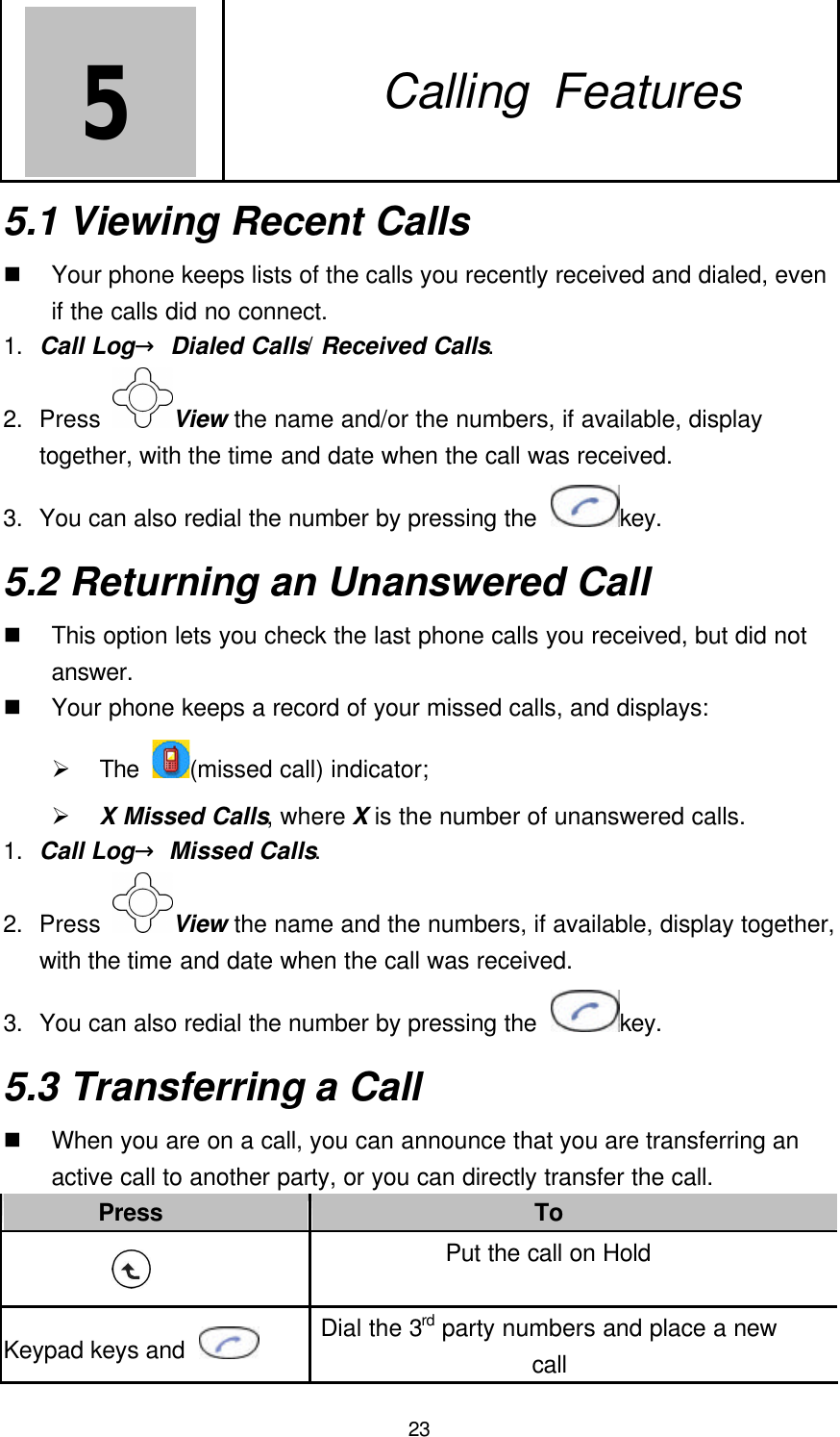  23 5   5. Calling Features 5.1 Viewing Recent Calls n Your phone keeps lists of the calls you recently received and dialed, even if the calls did no connect. 1. Call Log→ Dialed Calls/ Received Calls. 2. Press  View the name and/or the numbers, if available, display together, with the time and date when the call was received. 3. You can also redial the number by pressing the  key. 5.2 Returning an Unanswered Call n This option lets you check the last phone calls you received, but did not answer. n Your phone keeps a record of your missed calls, and displays: Ø The  (missed call) indicator; Ø X Missed Calls, where X is the number of unanswered calls. 1. Call Log→ Missed Calls. 2. Press  View the name and the numbers, if available, display together, with the time and date when the call was received. 3. You can also redial the number by pressing the  key. 5.3 Transferring a Call n When you are on a call, you can announce that you are transferring an active call to another party, or you can directly transfer the call. Press To  Put the call on Hold   Keypad keys and   Dial the 3rd party numbers and place a new call 