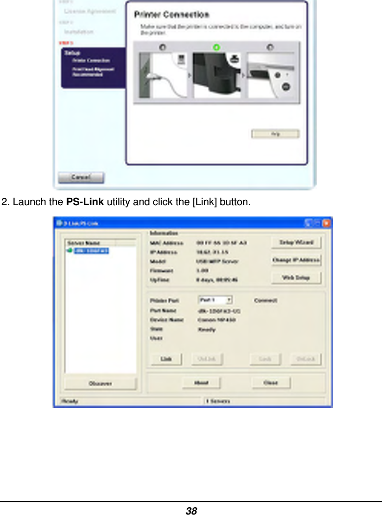 38  2. Launch the PS-Link utility and click the [Link] button.                 