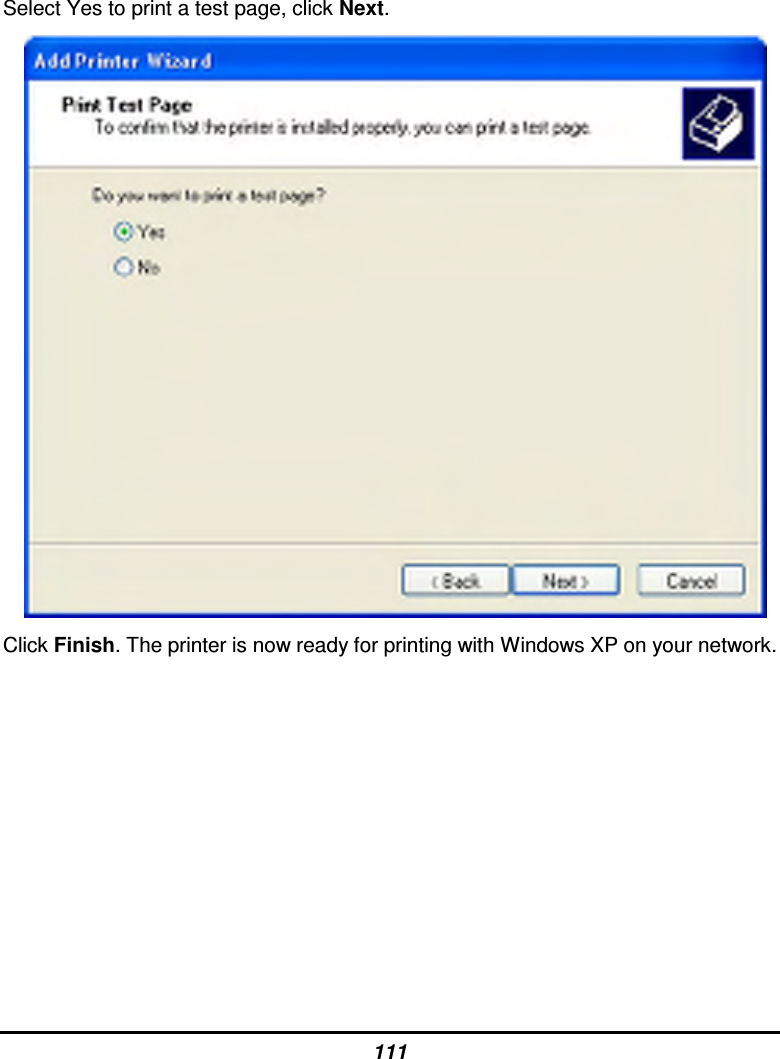 111 Select Yes to print a test page, click Next.  Click Finish. The printer is now ready for printing with Windows XP on your network.      