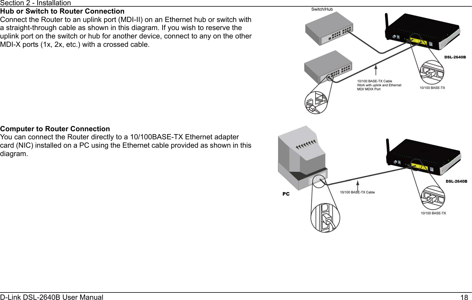 Section 2 - Installation D-Link DSL-2640B User Manual                                       18Hub or Switch to Router Connection Connect the Router to an uplink port (MDI-II) on an Ethernet hub or switch with a straight-through cable as shown in this diagram. If you wish to reserve the uplink port on the switch or hub for another device, connect to any on the other MDI-X ports (1x, 2x, etc.) with a crossed cable.Computer to Router Connection You can connect the Router directly to a 10/100BASE-TX Ethernet adapter card (NIC) installed on a PC using the Ethernet cable provided as shown in this diagram.