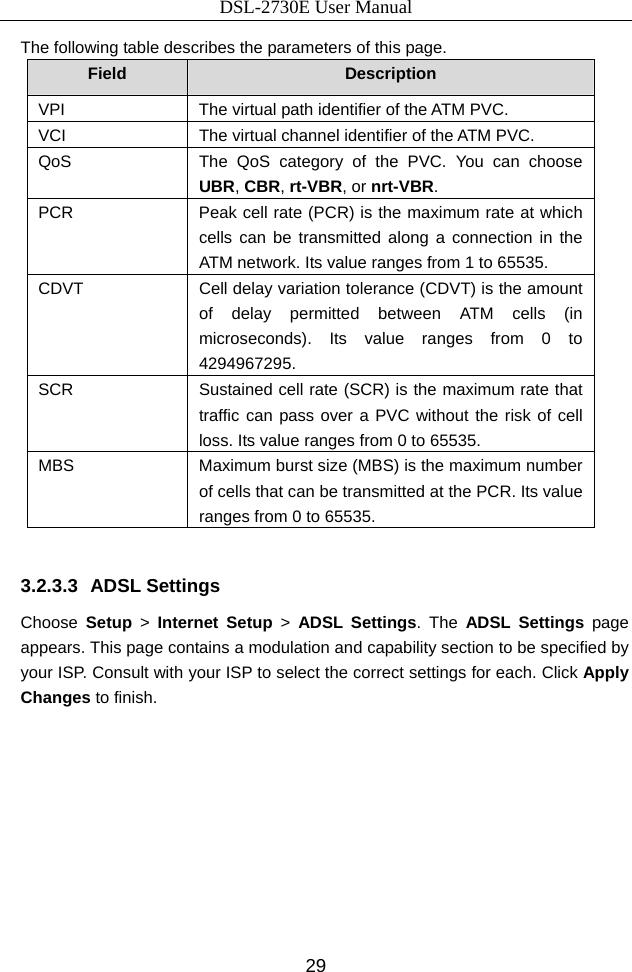 DSL-2730E User Manual 29 The following table describes the parameters of this page. Field  Description VPI  The virtual path identifier of the ATM PVC. VCI  The virtual channel identifier of the ATM PVC. QoS  The QoS category of the PVC. You can choose UBR, CBR, rt-VBR, or nrt-VBR. PCR  Peak cell rate (PCR) is the maximum rate at which cells can be transmitted along a connection in the ATM network. Its value ranges from 1 to 65535. CDVT  Cell delay variation tolerance (CDVT) is the amount of delay permitted between ATM cells (in microseconds). Its value ranges from 0 to 4294967295. SCR  Sustained cell rate (SCR) is the maximum rate that traffic can pass over a PVC without the risk of cell loss. Its value ranges from 0 to 65535. MBS  Maximum burst size (MBS) is the maximum number of cells that can be transmitted at the PCR. Its value ranges from 0 to 65535.  3.2.3.3 ADSL Settings Choose Setup &gt; Internet Setup &gt;  ADSL Settings. The ADSL Settings page appears. This page contains a modulation and capability section to be specified by your ISP. Consult with your ISP to select the correct settings for each. Click Apply Changes to finish. 