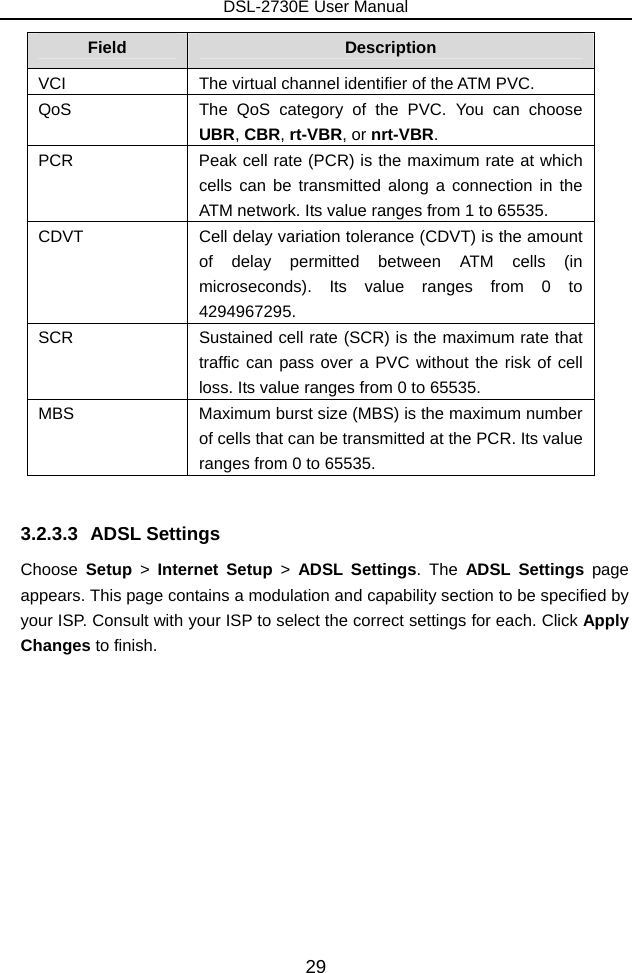 DSL-2730E User Manual 29 Field  Description VCI  The virtual channel identifier of the ATM PVC. QoS  The QoS category of the PVC. You can choose UBR, CBR, rt-VBR, or nrt-VBR. PCR  Peak cell rate (PCR) is the maximum rate at which cells can be transmitted along a connection in the ATM network. Its value ranges from 1 to 65535. CDVT  Cell delay variation tolerance (CDVT) is the amount of delay permitted between ATM cells (in microseconds). Its value ranges from 0 to 4294967295. SCR  Sustained cell rate (SCR) is the maximum rate that traffic can pass over a PVC without the risk of cell loss. Its value ranges from 0 to 65535. MBS  Maximum burst size (MBS) is the maximum number of cells that can be transmitted at the PCR. Its value ranges from 0 to 65535.  3.2.3.3 ADSL Settings Choose Setup &gt; Internet Setup &gt;  ADSL Settings. The ADSL Settings page appears. This page contains a modulation and capability section to be specified by your ISP. Consult with your ISP to select the correct settings for each. Click Apply Changes to finish. 