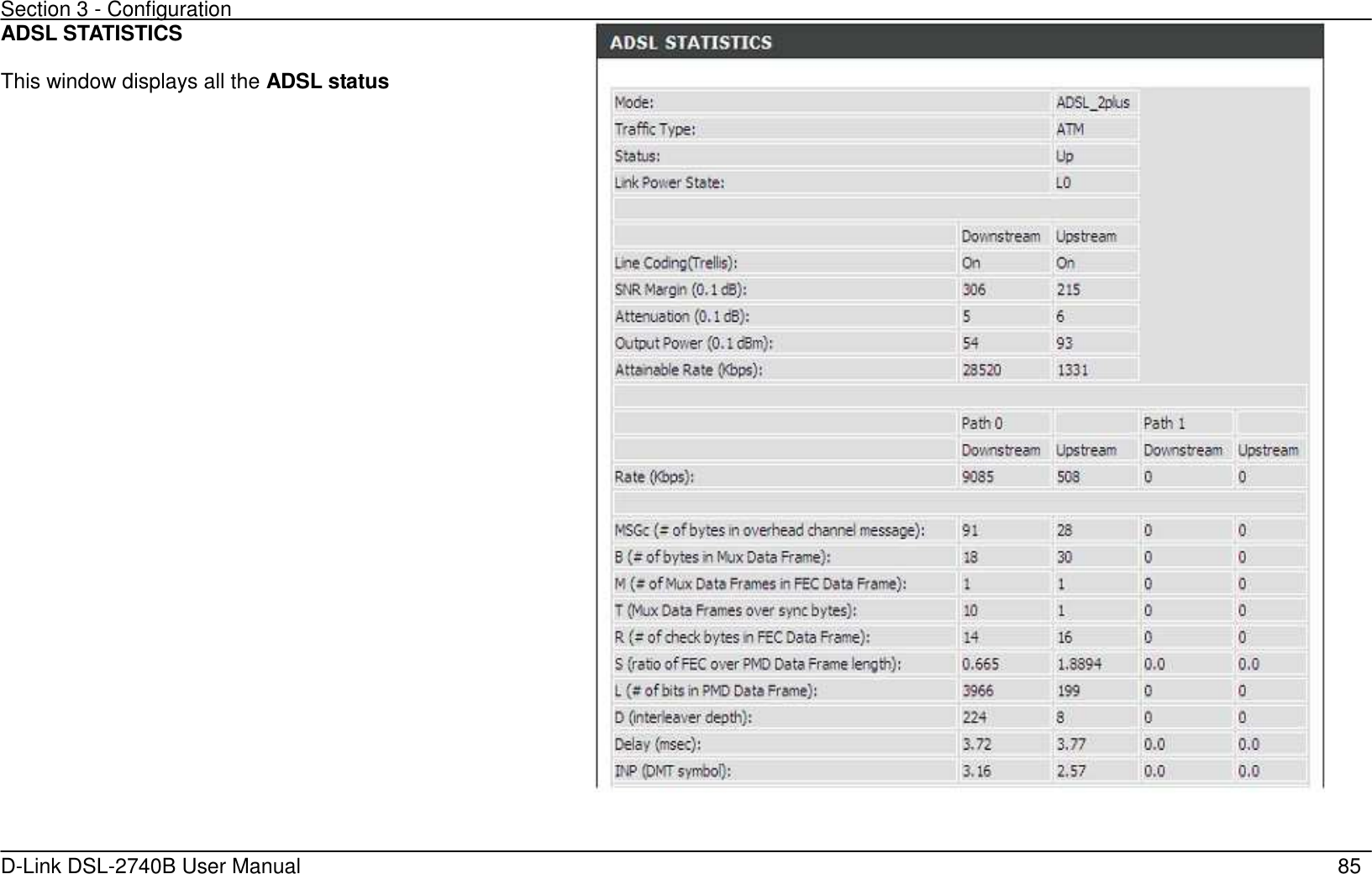 Section 3 - Configuration   D-Link DSL-2740B User Manual                                                  85 ADSL STATISTICS  This window displays all the ADSL status                                   