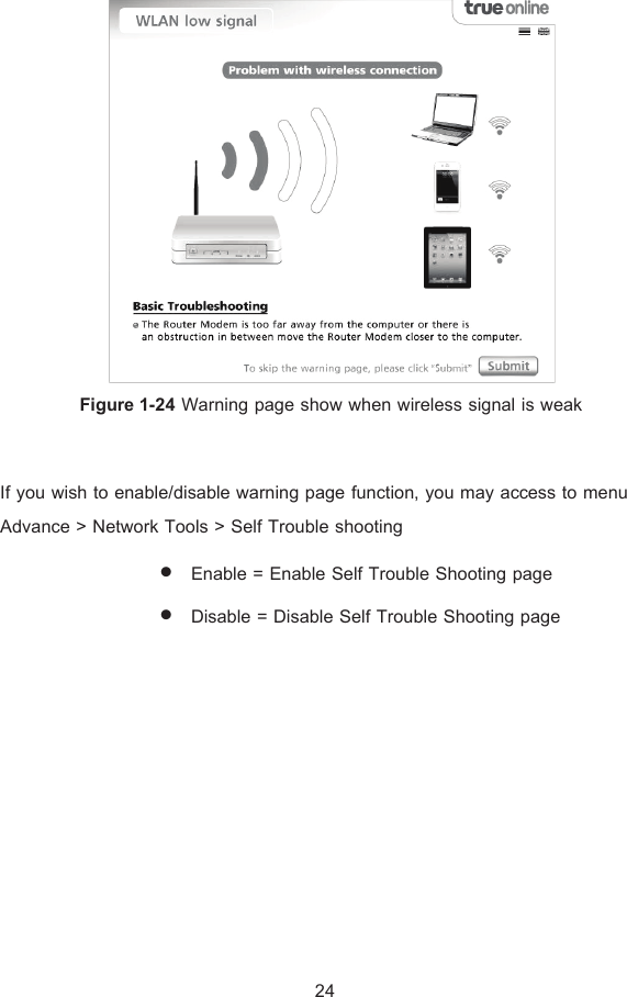 Figure 1-24 Warning page show when wireless signal is weak  If you wish to enable/disable warning page function, you may access to menu Advance &gt; Network Tools &gt; Self Trouble shooting • Enable = Enable Self Trouble Shooting page • Disable = Disable Self Trouble Shooting page  24 