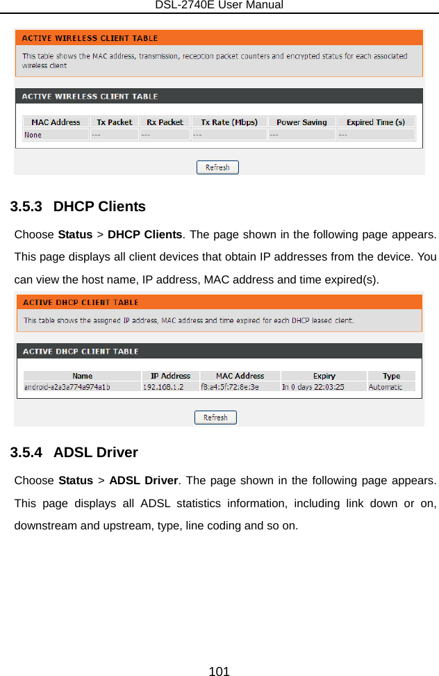 DSL-2740E User Manual 101  3.5.3   DHCP Clients Choose Status &gt; DHCP Clients. The page shown in the following page appears. This page displays all client devices that obtain IP addresses from the device. You can view the host name, IP address, MAC address and time expired(s).  3.5.4   ADSL Driver Choose Status &gt; ADSL Driver. The page shown in the following page appears. This page displays all ADSL statistics information, including link down or on, downstream and upstream, type, line coding and so on. 