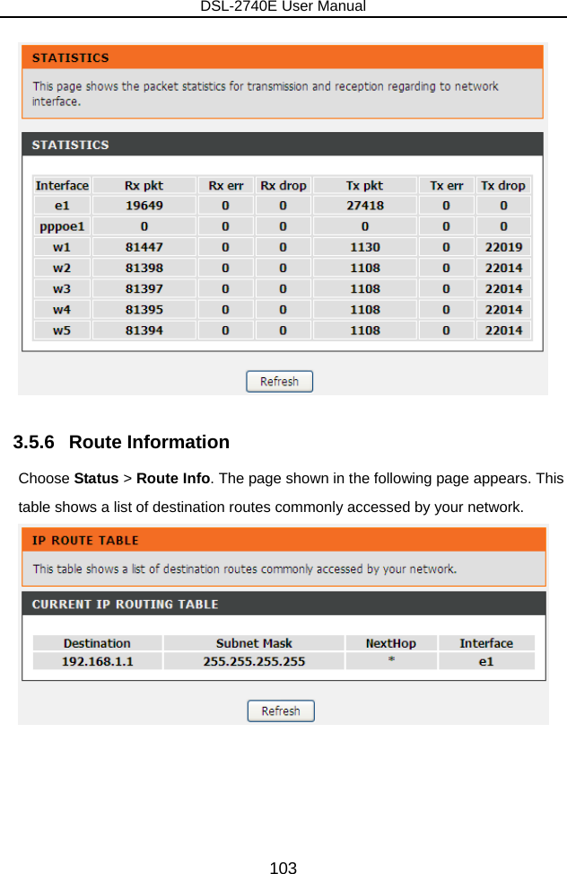 DSL-2740E User Manual 103  3.5.6   Route Information Choose Status &gt; Route Info. The page shown in the following page appears. This table shows a list of destination routes commonly accessed by your network.  