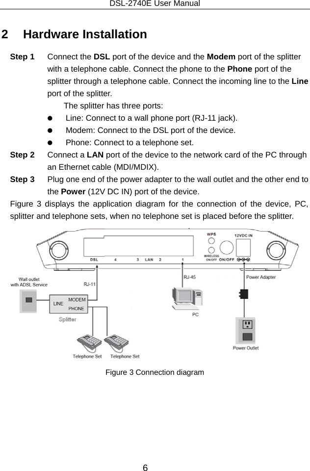 DSL-2740E User Manual 6 2   Hardware Installation Step 1  Connect the DSL port of the device and the Modem port of the splitter with a telephone cable. Connect the phone to the Phone port of the splitter through a telephone cable. Connect the incoming line to the Line port of the splitter. The splitter has three ports:    Line: Connect to a wall phone port (RJ-11 jack).    Modem: Connect to the DSL port of the device.    Phone: Connect to a telephone set. Step 2  Connect a LAN port of the device to the network card of the PC through an Ethernet cable (MDI/MDIX). Step 3  Plug one end of the power adapter to the wall outlet and the other end to the Power (12V DC IN) port of the device. Figure 3 displays the application diagram for the connection of the device, PC, splitter and telephone sets, when no telephone set is placed before the splitter.  Figure 3 Connection diagram   
