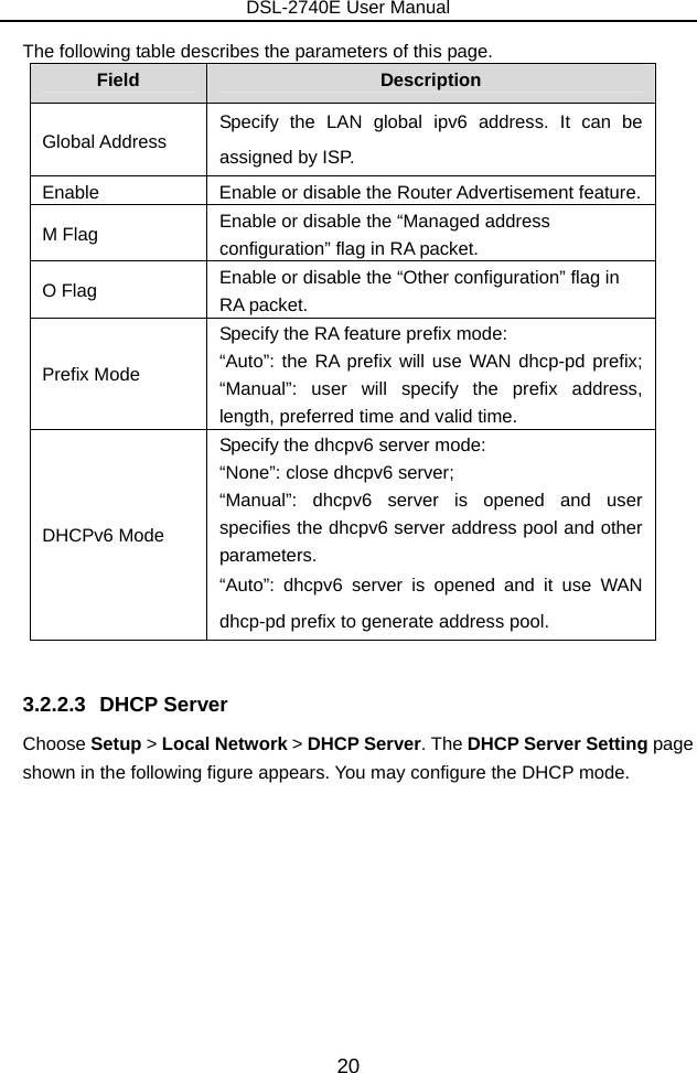 DSL-2740E User Manual 20 The following table describes the parameters of this page. Field  Description Global Address  Specify the LAN global ipv6 address. It can be assigned by ISP. Enable  Enable or disable the Router Advertisement feature. M Flag  Enable or disable the “Managed address configuration” flag in RA packet. O Flag  Enable or disable the “Other configuration” flag in RA packet. Prefix Mode Specify the RA feature prefix mode:   “Auto”: the RA prefix will use WAN dhcp-pd prefix; “Manual”: user will specify the prefix address, length, preferred time and valid time. DHCPv6 Mode Specify the dhcpv6 server mode:   “None”: close dhcpv6 server; “Manual”: dhcpv6 server is opened and user specifies the dhcpv6 server address pool and other parameters. “Auto”: dhcpv6 server is opened and it use WAN dhcp-pd prefix to generate address pool.  3.2.2.3 DHCP Server Choose Setup &gt; Local Network &gt; DHCP Server. The DHCP Server Setting page shown in the following figure appears. You may configure the DHCP mode. 