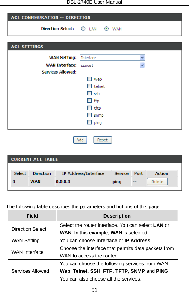 DSL-2740E User Manual 51   The following table describes the parameters and buttons of this page: Field  Description Direction Select  Select the router interface. You can select LAN or WAN. In this example, WAN is selected. WAN Setting  You can choose Interface or IP Address. WAN Interface  Choose the interface that permits data packets from WAN to access the router. Services Allowed You can choose the following services from WAN: Web, Telnet, SSH, FTP, TFTP, SNMP and PING. You can also choose all the services. 