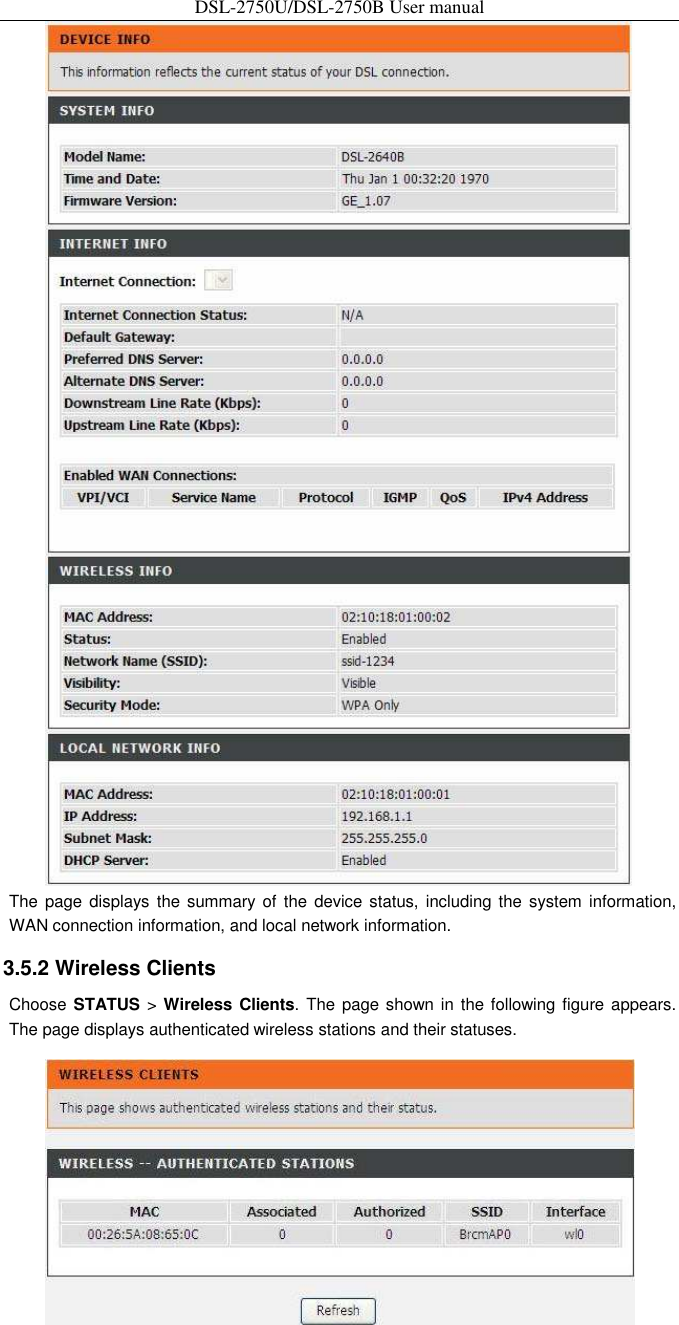 DSL-2750U/DSL-2750B User manual  The page displays  the summary of  the  device status, including the system information, WAN connection information, and local network information.   3.5.2 Wireless Clients   Choose STATUS &gt; Wireless Clients. The page shown in  the following figure appears. The page displays authenticated wireless stations and their statuses.    