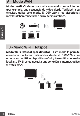 14ESPAÑOLMode    WAN  -Si  desea  transmitir  contenido  desde  Internet (por ejemplo,  una  secuencia  de  vídeo  desde YouTube)  a  su televisor,  utilice  este  modo.  El  DSM-260  y  los  dispositivos móviles deben conectarse a su router inalámbrico.A – Modo WANModo Wi-Fi Hotspot (por defecto)   - Este modo le permite conectarse  de  forma  inalámbrica  desde  el  DSM-260  a  su ordenador portátil o dispositivo móvil y transmitir contenido local a su TV. Si usted necesita una conexión a Internet, utilice el modo WAN.  B - Modo Wi-Fi Hotspot 