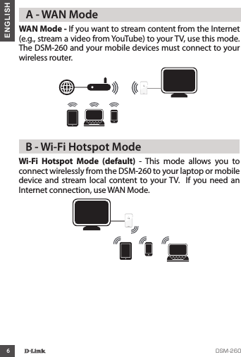 6ENGLISHWAN Mode - If you want to stream content from the Internet (e.g., stream a video from YouTube) to your TV, use this mode. The DSM-260 and your mobile devices must connect to your wireless router.   A - WAN ModeWi-Fi  Hotspot  Mode  (default)  -  This  mode  allows  you  to connect wirelessly from the DSM-260 to your laptop or mobile device and stream  local content  to  your TV.   If  you  need  an Internet connection, use WAN Mode.  B - Wi-Fi Hotspot Mode