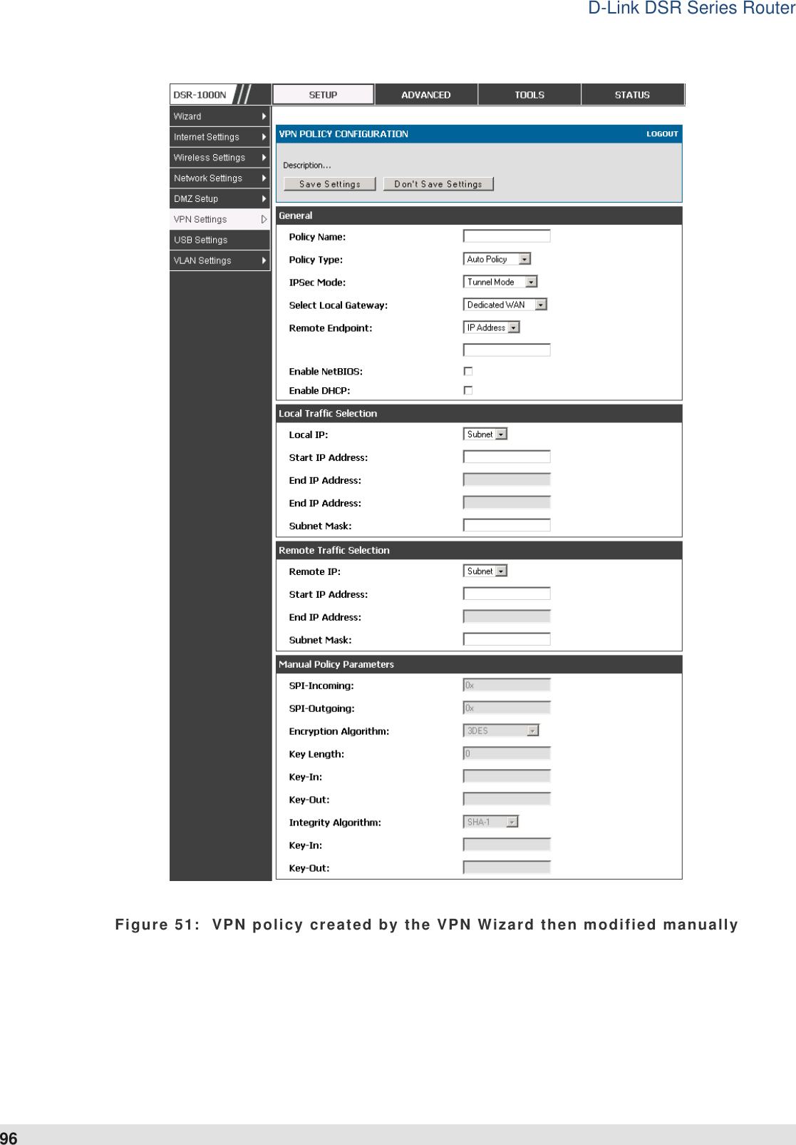 D-Link DSR Series Router 96  Figure 51:  VPN policy created by the VPN Wizard then modified manually 