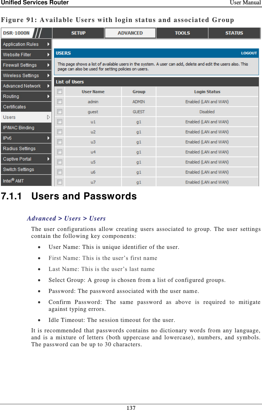 Unified Services Router    User Manual 137  Figure 91: Available Users with logi n status and associated Group   7.1.1 Users and Passwords Advanced &gt; Users &gt; Users  The  user  configurations  allow  creating  users  associated  to  group.  The  user  settings contain the following key components:  User Name: This is unique identifier of the user.   First Name: This is the user’s first name   Last Name: This is the user’s last name   Select Group: A group is chosen from a list of configured groups.   Password: The password associated with the user nam e.   Confirm  Password:  The  same  password  as  above  is  required  to  mitigate against typing errors.    Idle Timeout: The session timeout for the user. It is  recommended  that  passwords contains  no  dictionary  words  from any language, and  is  a  mixture  of  letters  (both  uppercase  and  lowercase),  numbers,  and  symbols. The password can be up to 30 characters.  