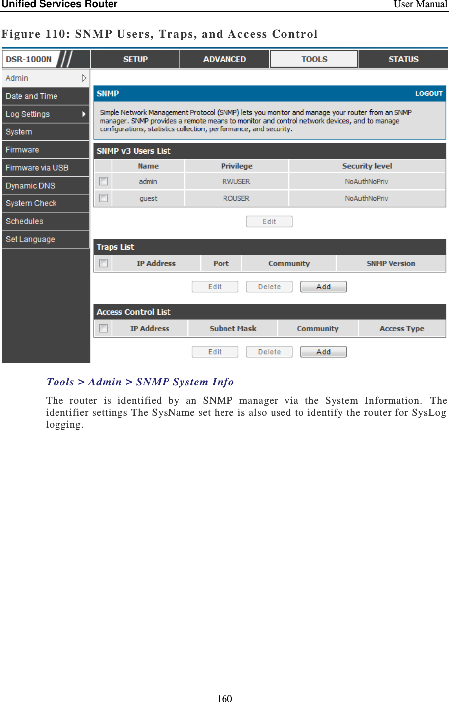 Unified Services Router    User Manual 160  Figure 110:  SNMP Users, Traps, a nd Access Control   Tools &gt; Admin &gt; SNMP System Info The  router  is  identified  by  an  SNMP  manager  via  the  System  Information.   The identifier settings The SysName set here is also used to identify the router for SysLog logging.  