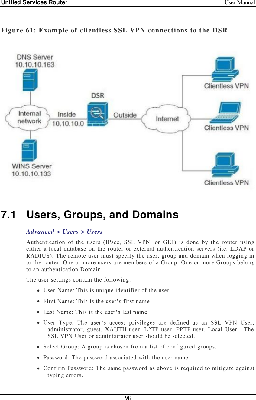 Unified Services Router   User Manual 98   Figure 61: Example of clientless SSL VPN connections to the DSR    7.1 Users, Groups, and Domains Advanced &gt; Users &gt; Users  Authentication of the users (IPsec, SSL VPN, or GUI) is done by the router using either a local database on the router or external authentication servers (i.e. LDAP or RADIUS). The remote user must specify the user, group and domain when logging in to the router. One or more users are members of a Group. One or more Groups belong to an authentication Domain.  The user settings contain the following:  User Name: This is unique identifier of the user.      Usadministrator, guest, XAUTH user, L2TP user, PPTP user, Local User.  The SSL VPN User or administrator user should be selected.  Select Group: A group is chosen from a list of configured groups.  Password: The password associated with the user name.   Confirm Password: The same password as above is required to mitigate against typing errors.   