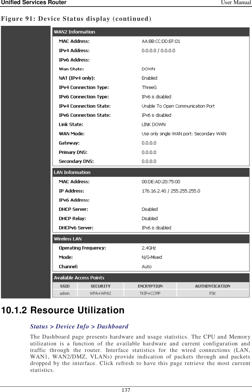 Unified Services Router   User Manual 137  Figure 91: Device Status display (continued)  10.1.2 Resource Utilization Status &gt; Device Info &gt; Dashboard The Dashboard page presents hardware and usage statistics. The CPU and Memory utilization is a function of the available hardware and current configuration and traffic through the router. Interface statistics for the wired connections (LAN, WAN1, WAN2/DMZ, VLANs) provide indication of packets through and packets dropped by the interface. Click refresh to have this page retrieve the most current statistics.  