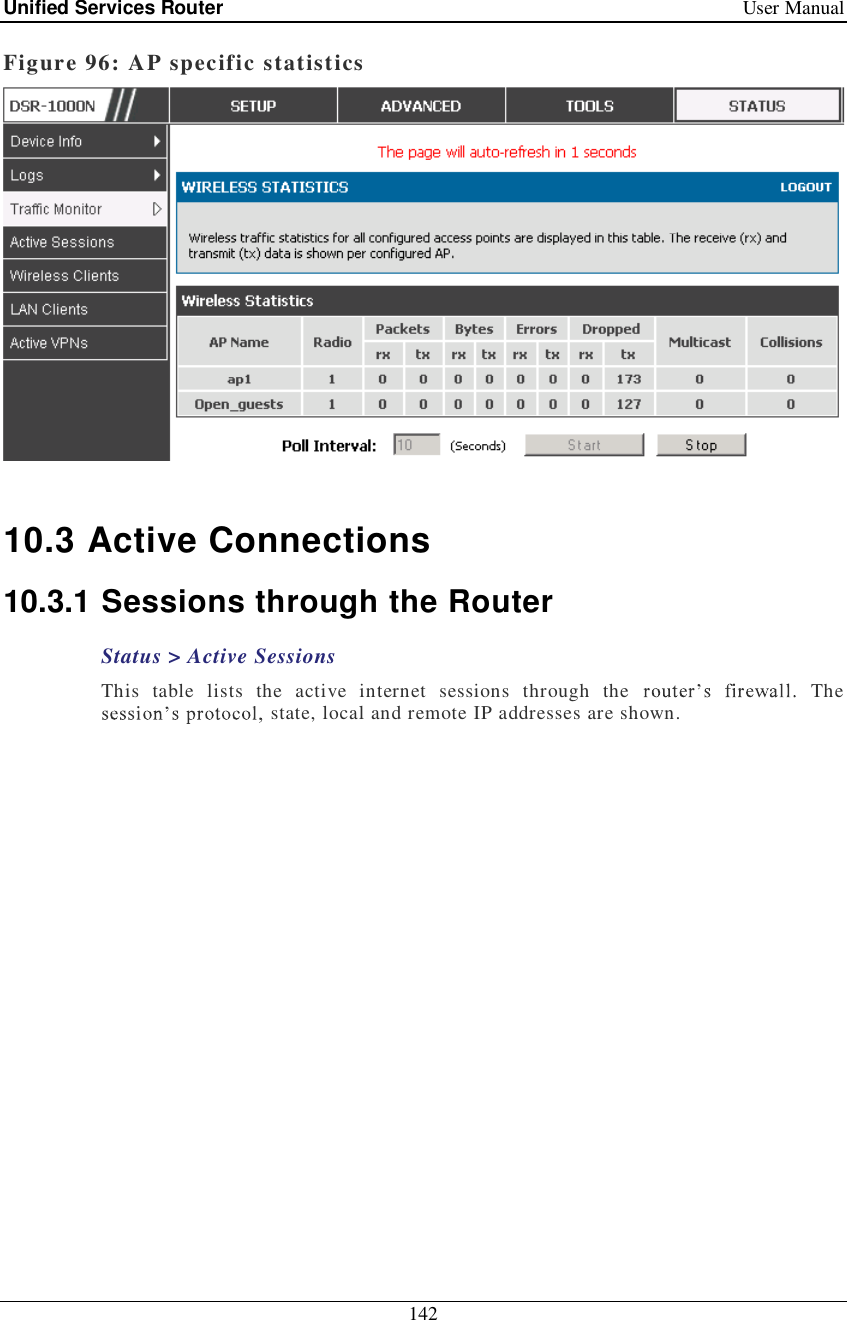 Unified Services Router   User Manual 142  Figure 96: AP specific statistics   10.3 Active Connections 10.3.1 Sessions through the Router Status &gt; Active Sessions This table lists the active internet sessions through the   The state, local and remote IP addresses are shown.  