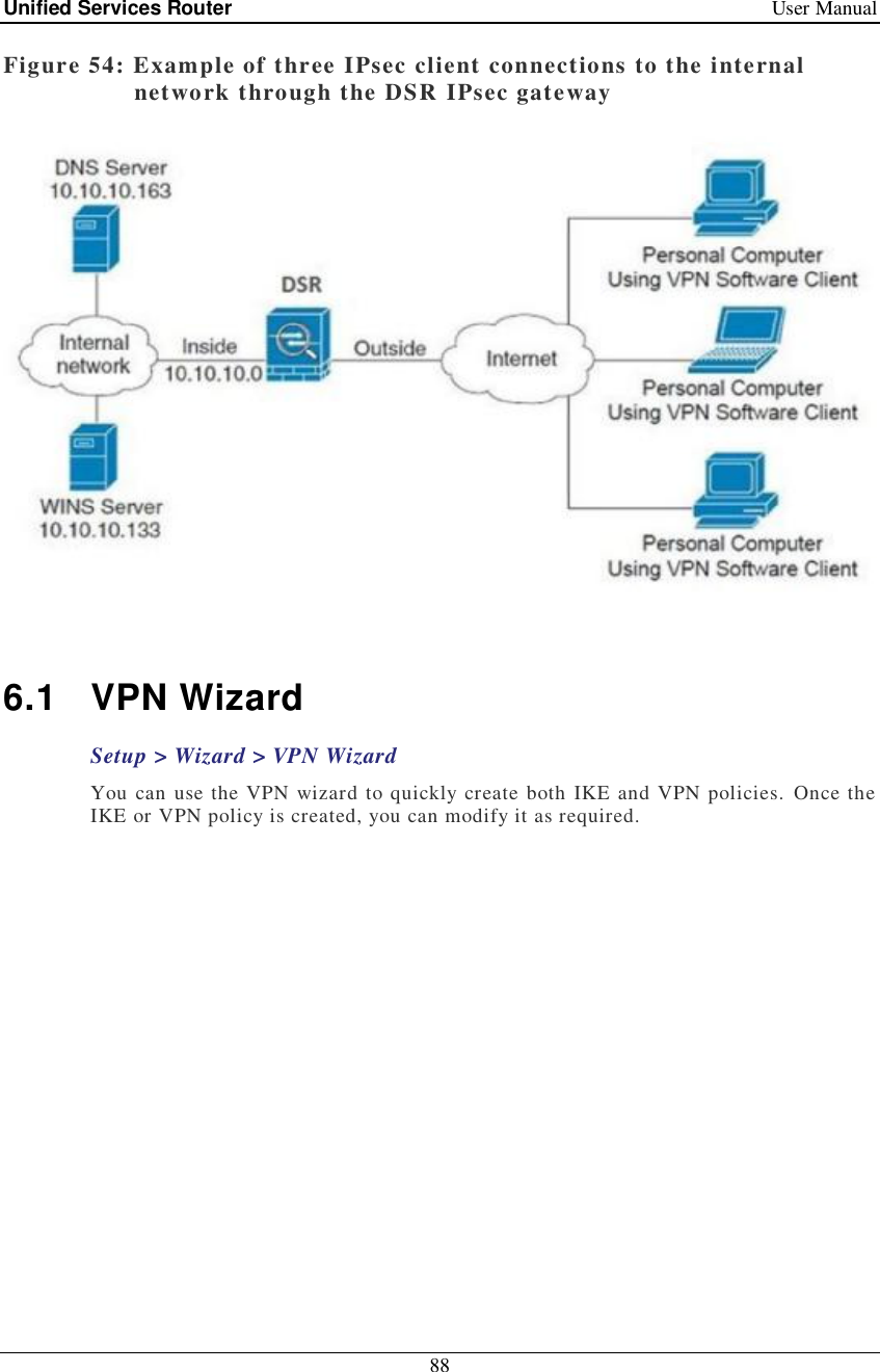 Unified Services Router   User Manual 88  Figure 54: Example of three IPsec client connections to the internal network through the DSR IPsec gateway   6.1 VPN Wizard Setup &gt; Wizard &gt; VPN Wizard You can use the VPN wizard to quickly create both IKE and VPN policies. Once the IKE or VPN policy is created, you can modify it as required. 