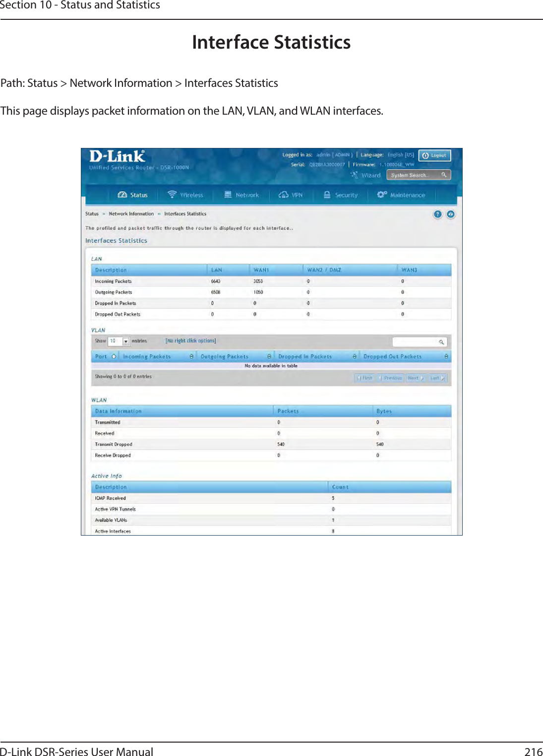 D-Link DSR-Series User Manual 216Section 10 - Status and StatisticsPath: Status &gt; Network Information &gt; Interfaces StatisticsThis page displays packet information on the LAN, VLAN, and WLAN interfaces.Interface Statistics