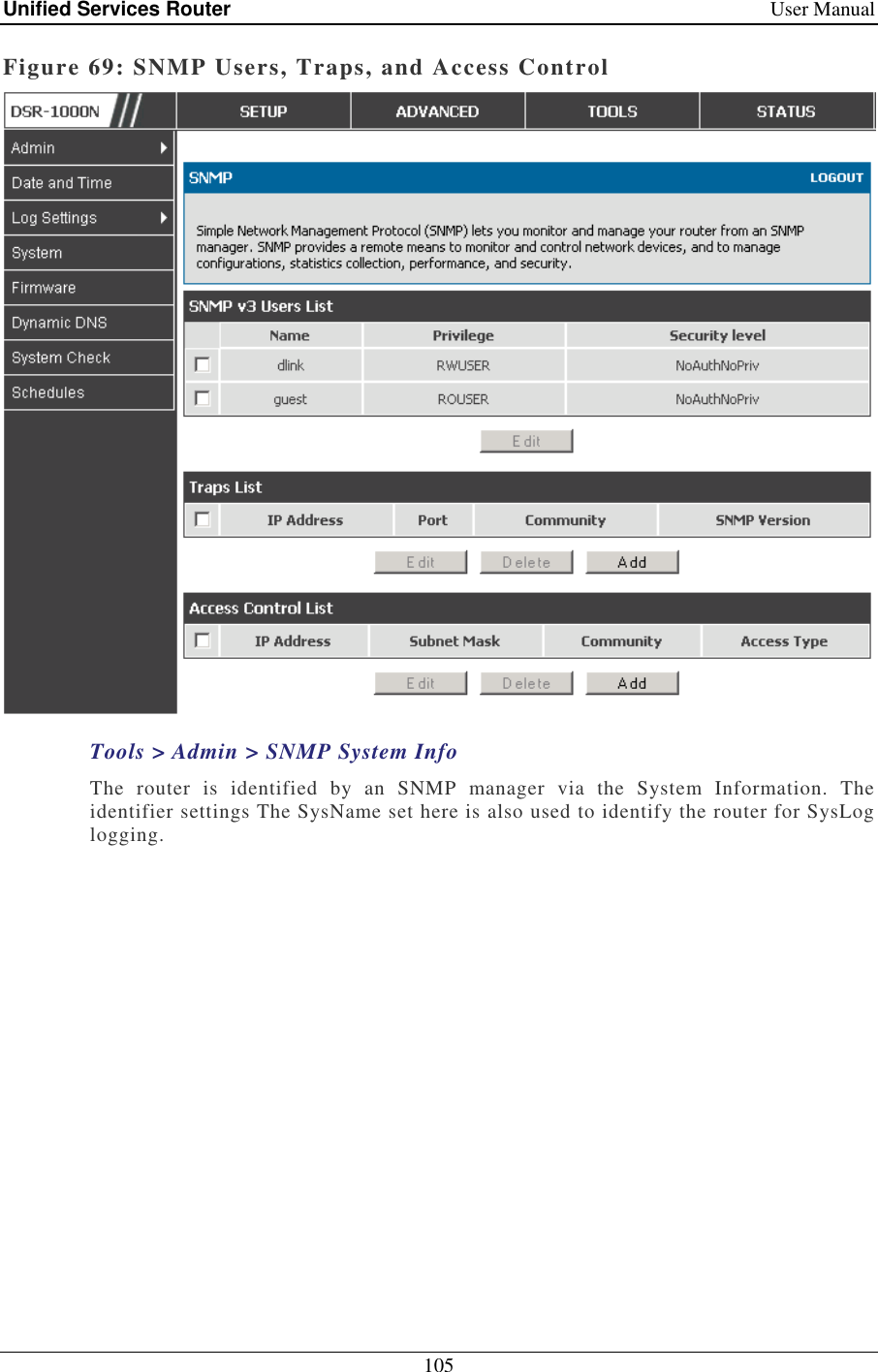 Unified Services Router    User Manual 105  Figure 69: SNMP Users, Traps, and Access Control  Tools &gt; Admin &gt; SNMP System Info The  router  is  identified  by  an  SNMP  manager  via  the  System  Information.  The identifier settings The SysName set here is also used to identify the router for SysLog logging.  