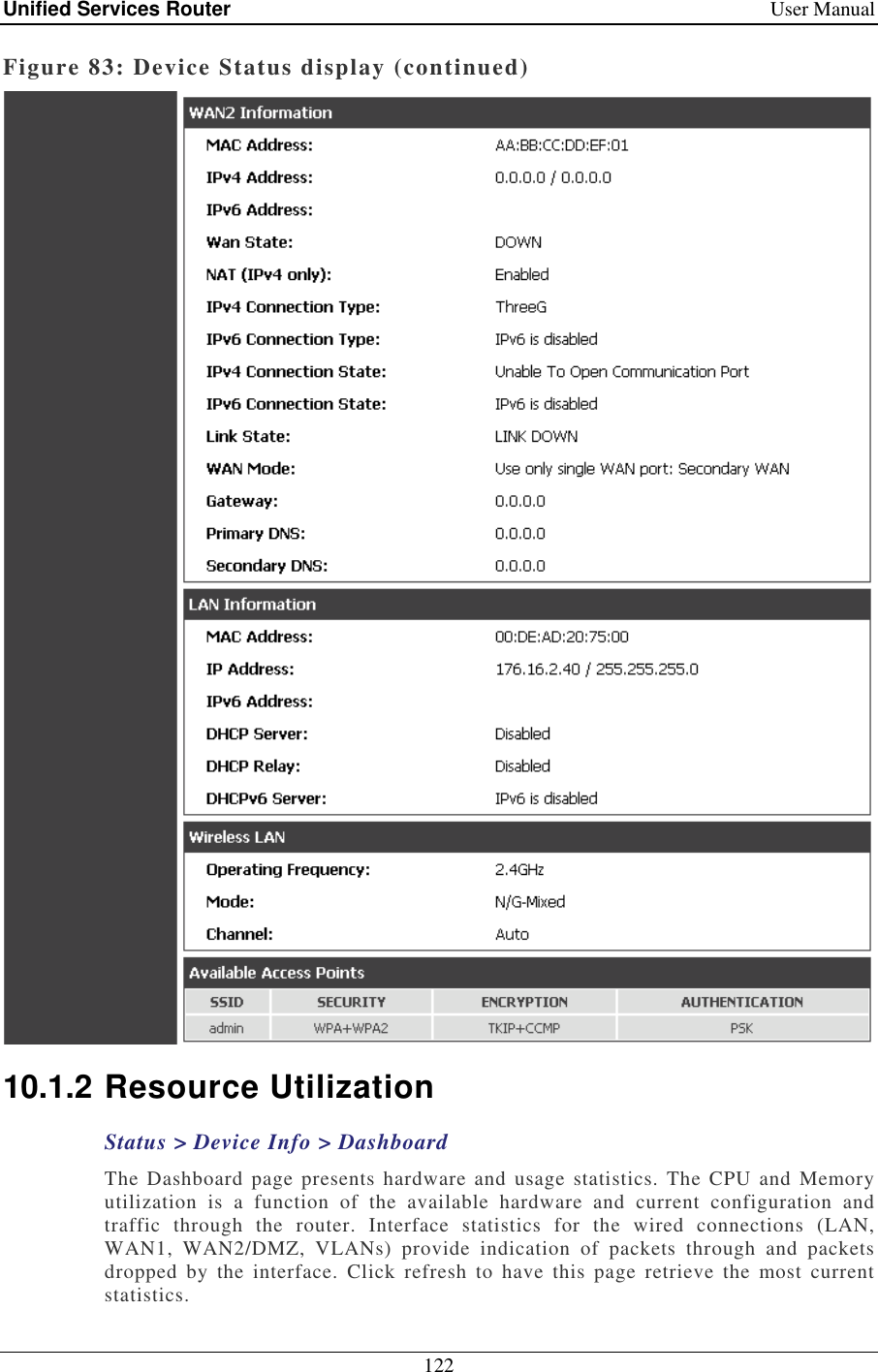 Unified Services Router    User Manual 122  Figure 83: Device Status display (continued)  10.1.2 Resource Utilization Status &gt; Device Info &gt; Dashboard The  Dashboard page presents hardware  and usage statistics.  The CPU and Memory utilization  is  a  function  of  the  available  hardware  and  current  configuration  and traffic  through  the  router.  Interface  statistics  for  the  wired  connections  (LAN, WAN1,  WAN2/DMZ,  VLANs)  provide  indication  of  packets  through  and  packets dropped  by  the  interface.  Click  refresh  to  have  this  page  retrieve  the  most  current statistics.  